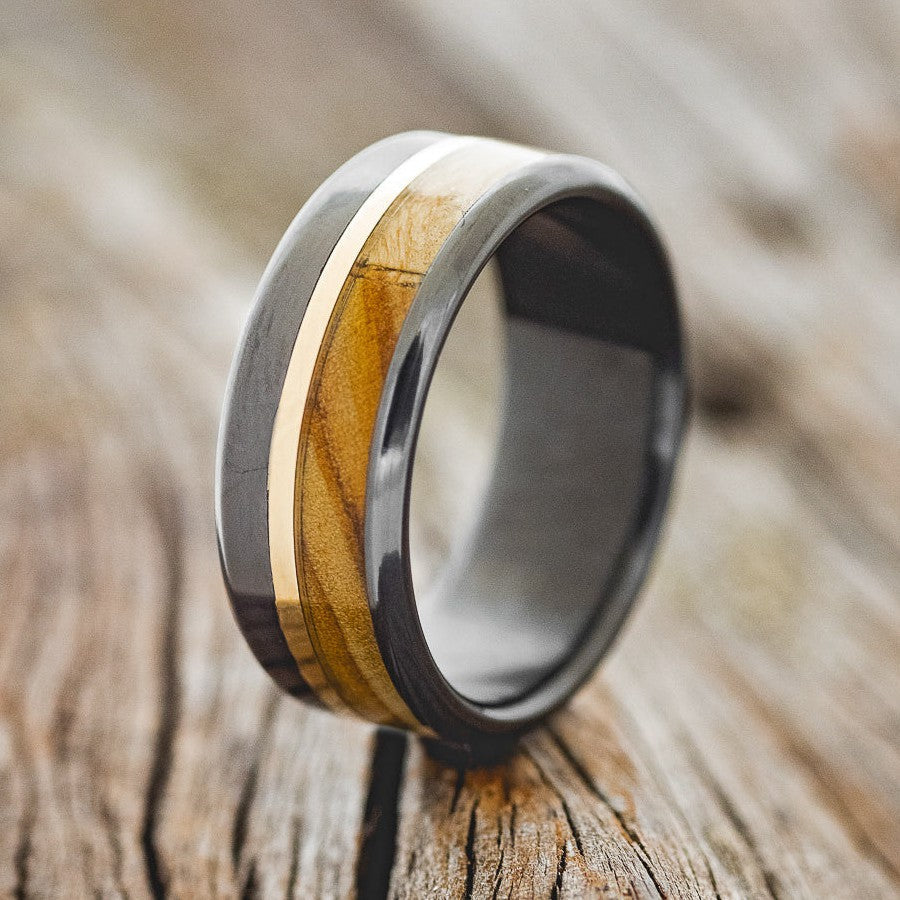 "TANNER" - OLIVE WOOD & 14K GOLD WEDDING RING-1