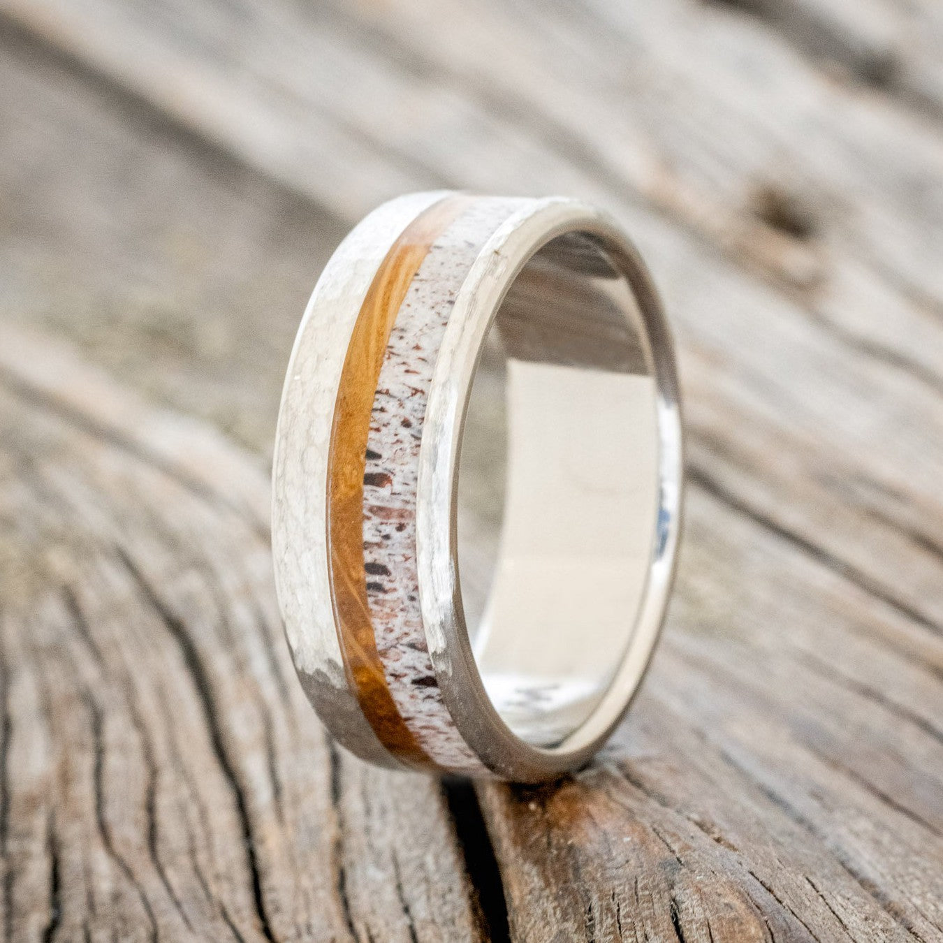 "TANNER" - WHISKEY BARREL OAK & ANTLER WEDDING BAND WITH A HAMMERED FINISH-1