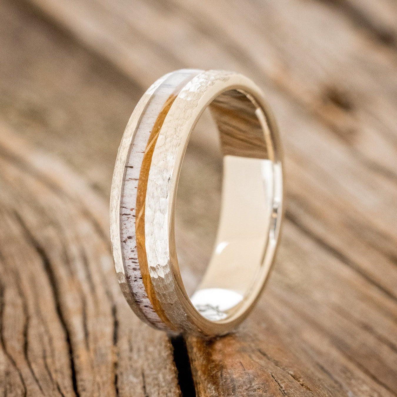 "TANNER" - WHISKEY BARREL OAK & ANTLER WEDDING BAND WITH A HAMMERED FINISH-1