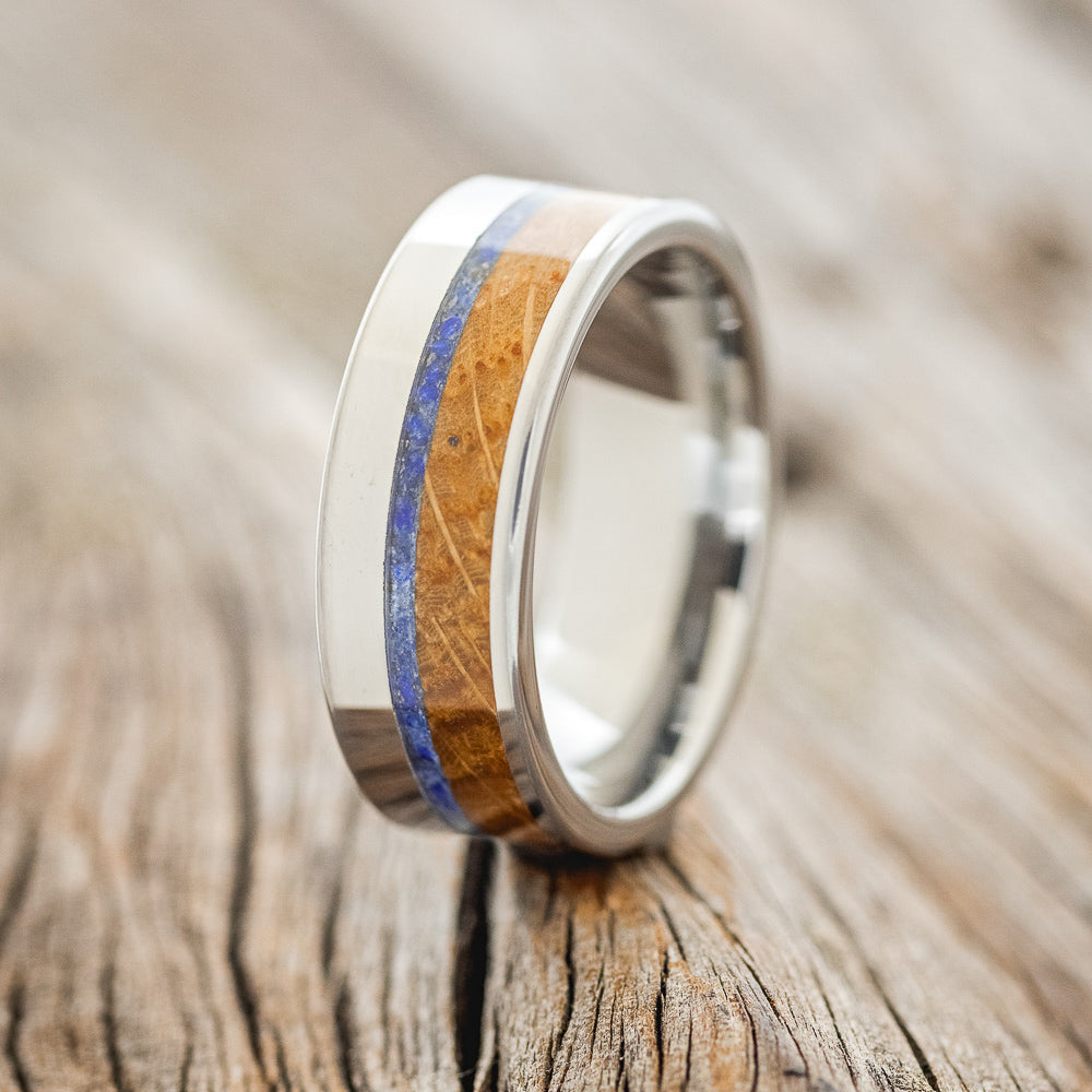 "TANNER" - WHISKEY BARREL OAK & LAPIS LAZULI WEDDING RING - READY TO SHIP-1