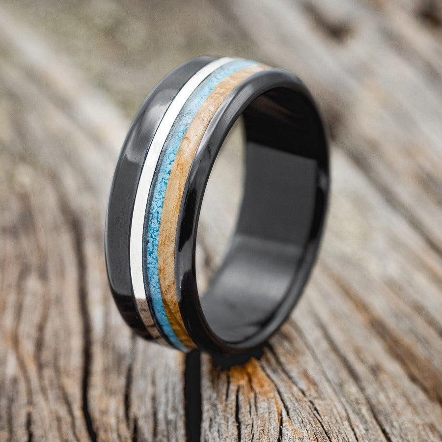 "TANNER" - WHISKEY BARREL, TURQUOISE & SILVER INLAY WEDDING RING-1