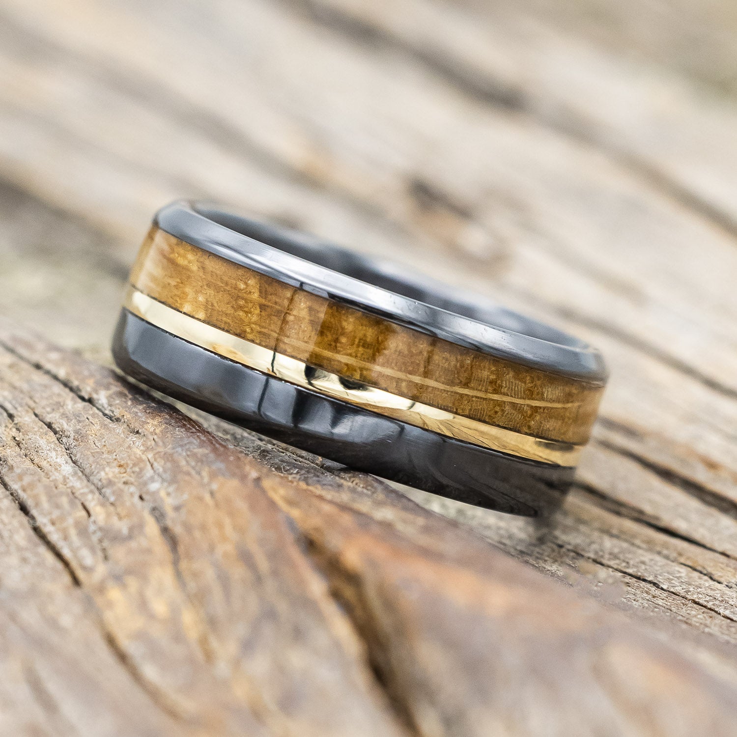 "TANNER" - WHISKEY BARREL & 14K GOLD INLAY WEDDING RING-Staghead Designs