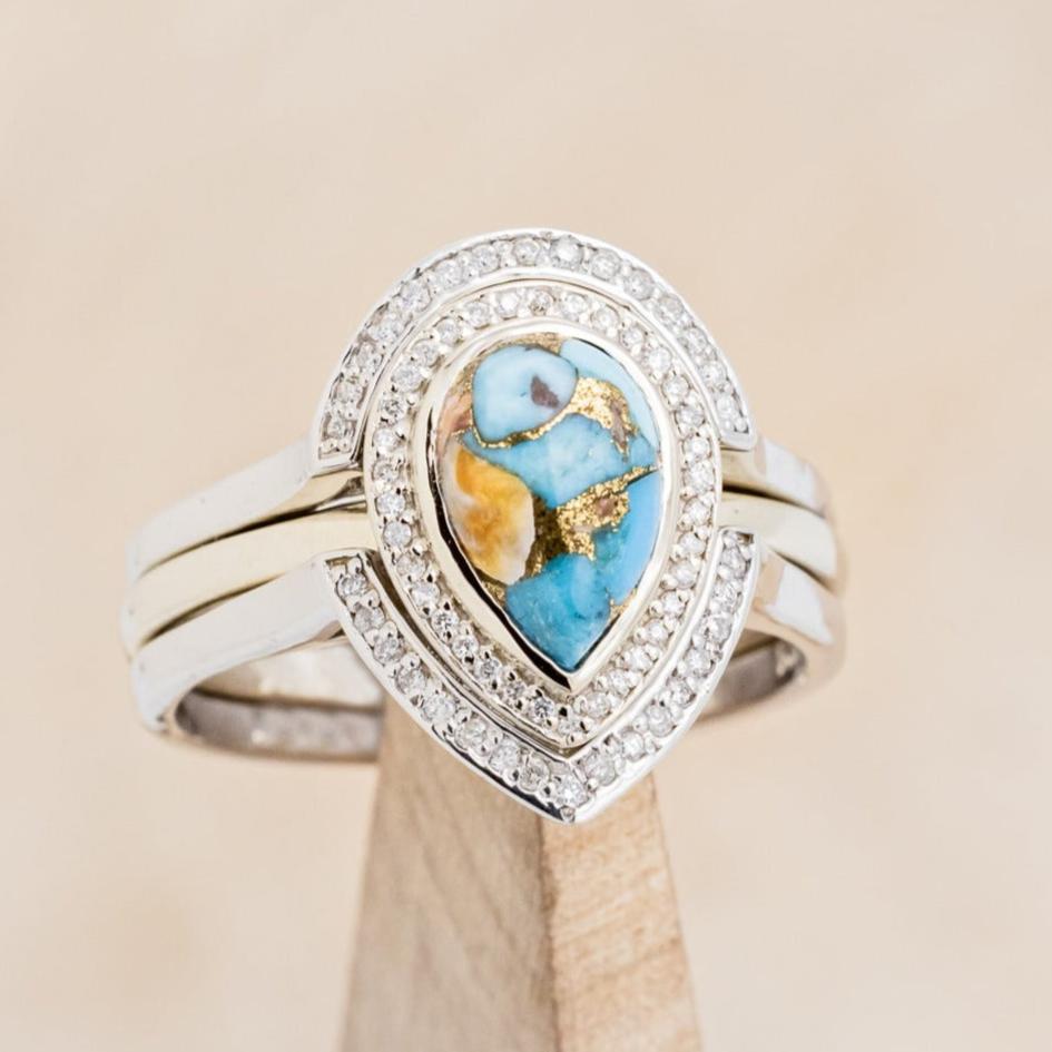 "TERRA" BRIDAL SUITE - PEAR-SHAPED TURQUOISE ENGAGEMENT RING WITH DIAMOND HALO & TRACERS-1