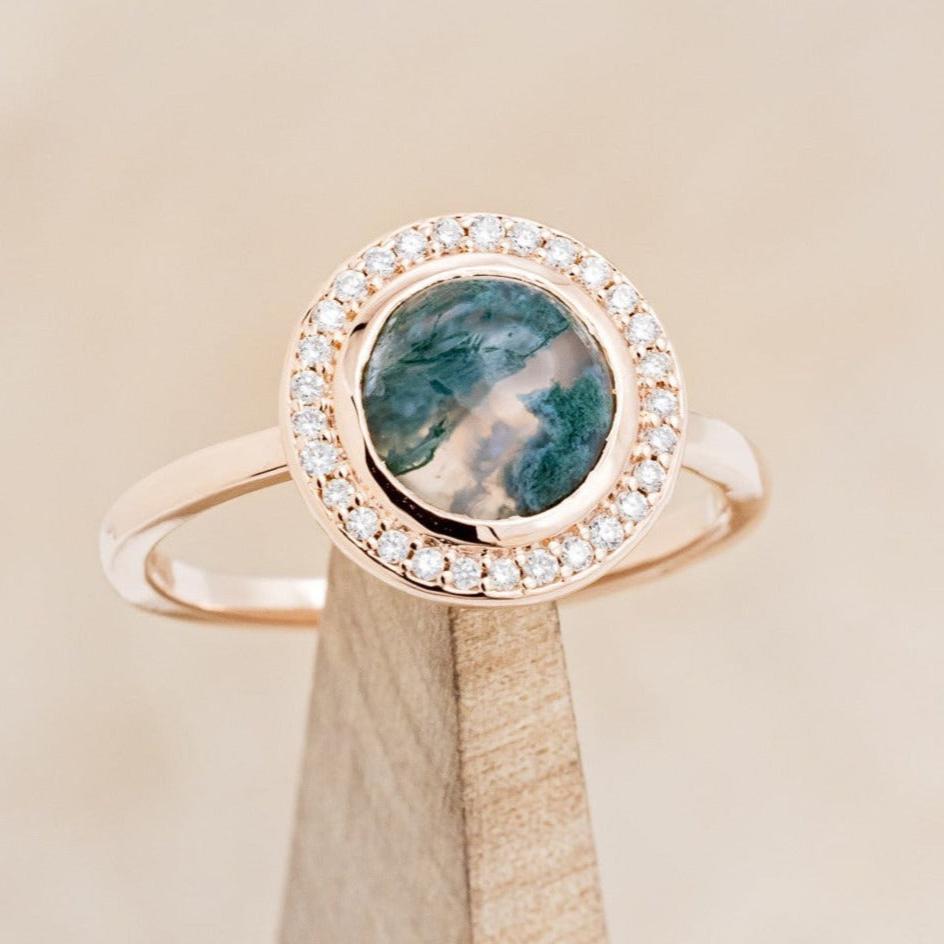 "TERRA" - ROUND CUT MOSS AGATE ENGAGEMENT RING WITH DIAMOND HALO-1