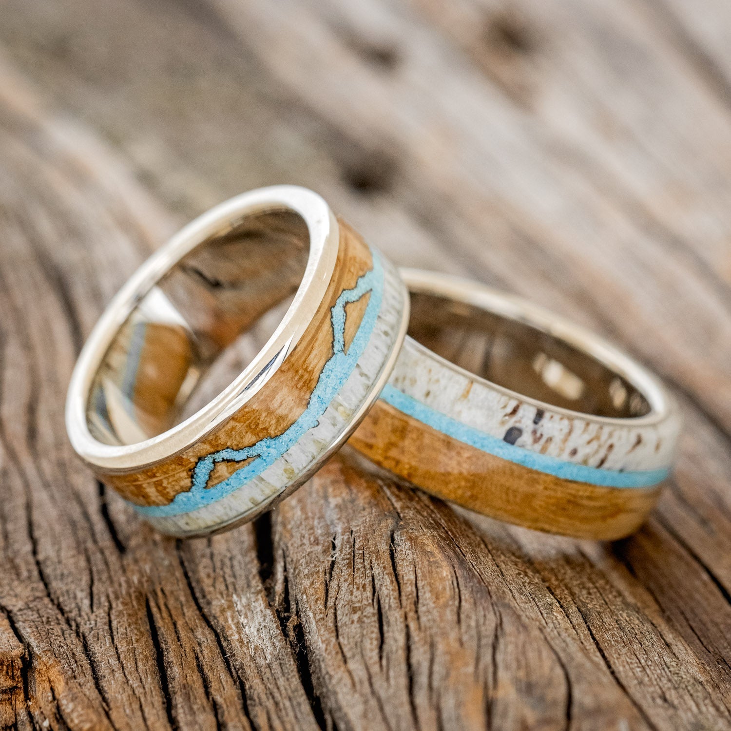 "THE EXPEDITION" & "ARGOS" - MATCHING SET OF ANTLER, TURQUOISE & WHISKEY BARREL OAK WEDDING RINGS-1