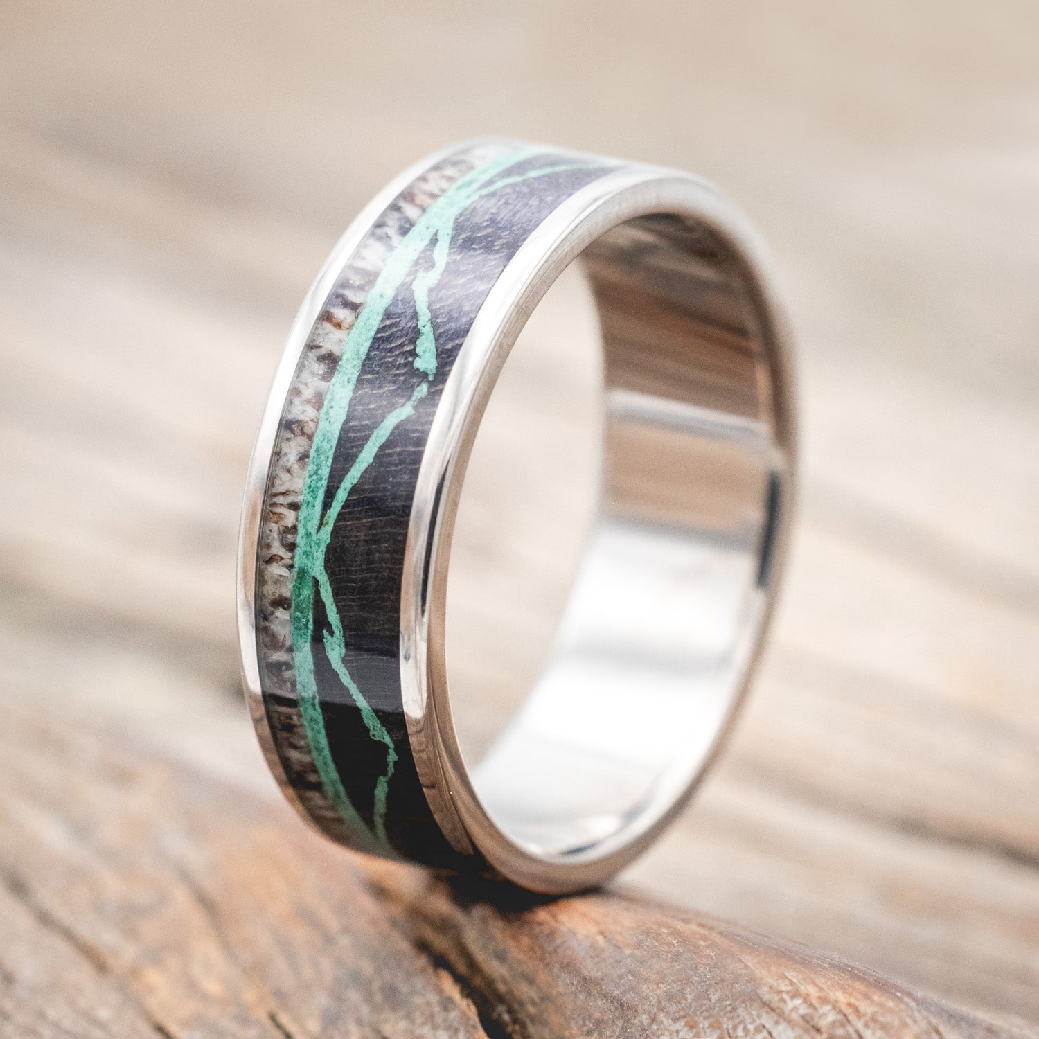 "THE EXPEDITION" - MOUNTAIN ENGRAVED WEDDING RING WITH DARK MAPLE, MALACHITE & ANTLER-Staghead Designs