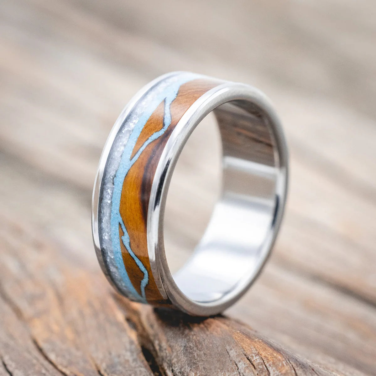 "The Expedition" - Mountain Engraved Wedding Ring With Ironwood, Turquoise & Diamond Dust - Titanium (8mm) - Size 14