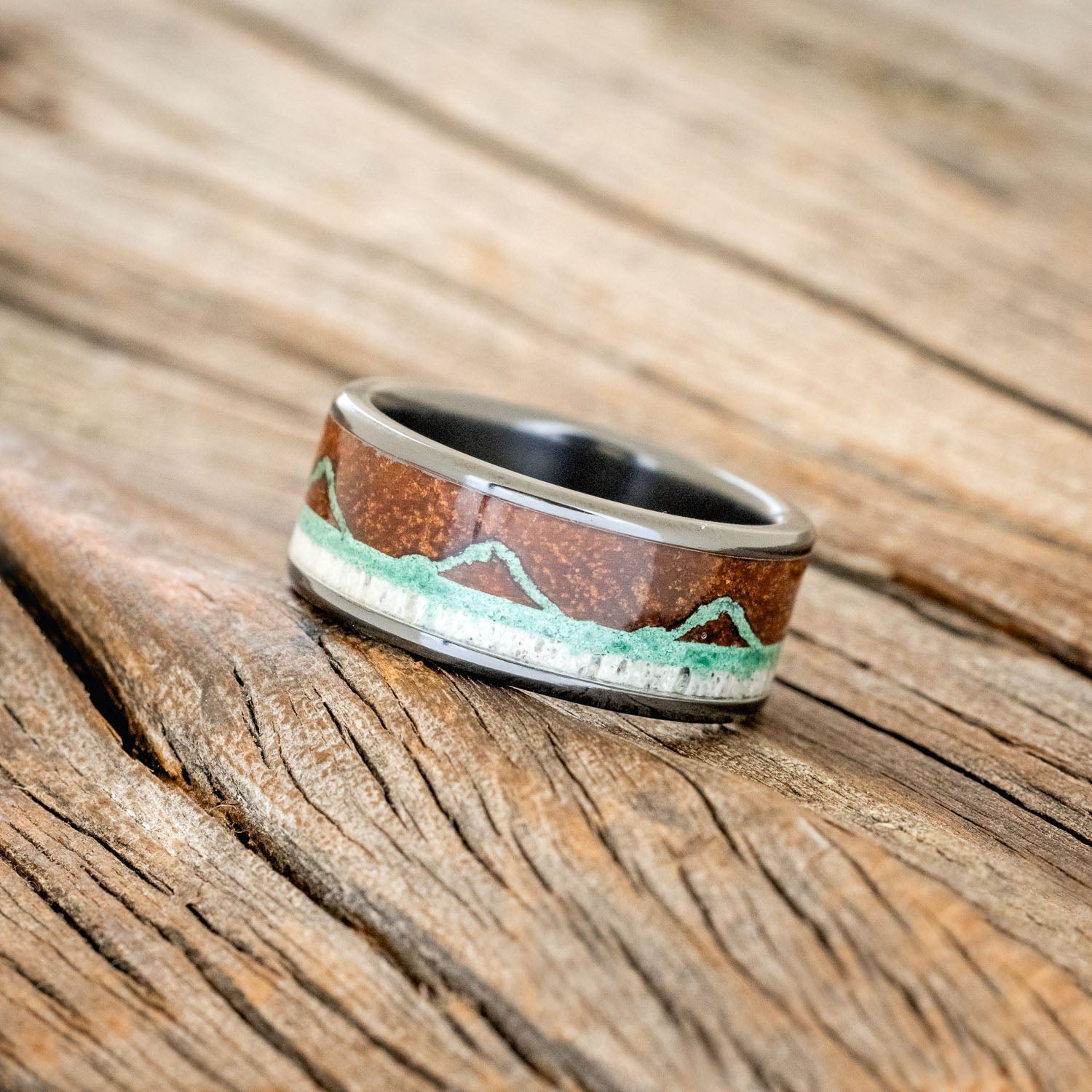 "THE EXPEDITION" - MOUNTAIN ENGRAVED WEDDING RING WITH REDWOOD, MALACHITE & ANTLER-1