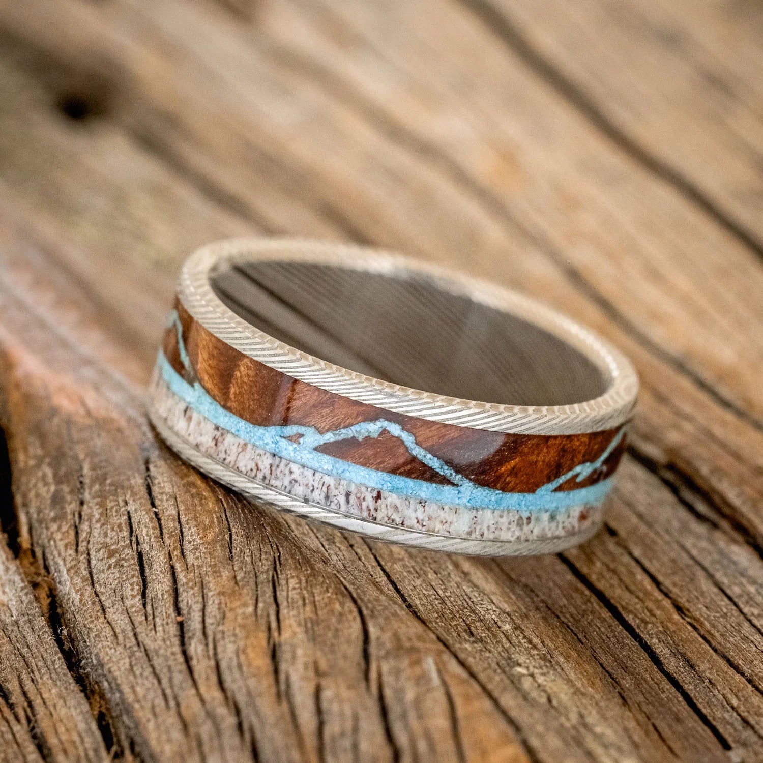 "THE EXPEDITION" - MOUNTAIN ENGRAVED WEDDING RING WITH REDWOOD, TURQUOISE & ANTLER - DAMASCUS STEEL - SIZE 12-1
