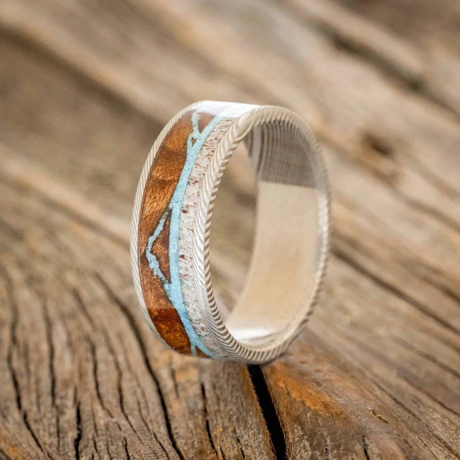 "THE EXPEDITION" - MOUNTAIN ENGRAVED WEDDING RING WITH REDWOOD, TURQUOISE & ANTLER - DAMASCUS STEEL - SIZE 12-2