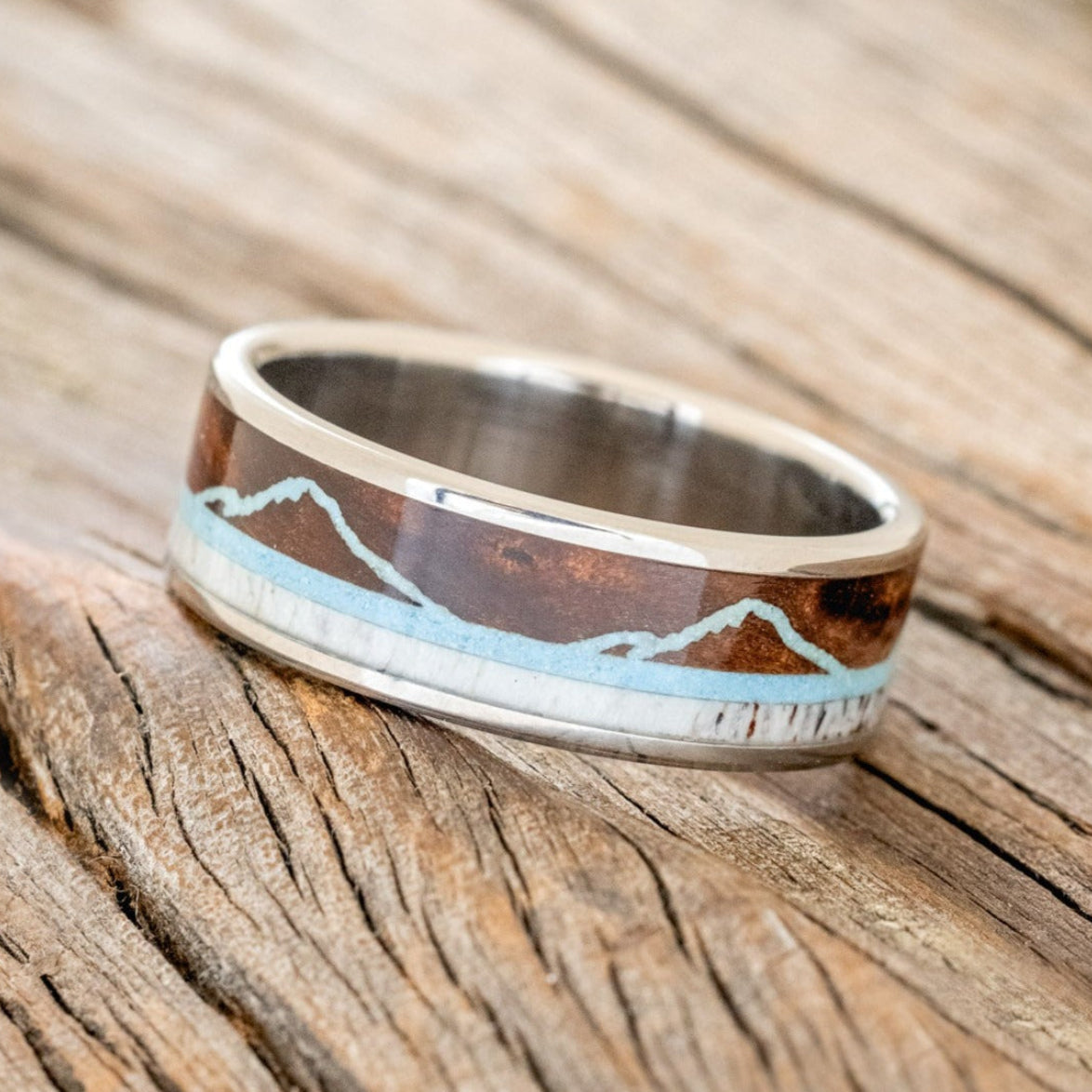"THE EXPEDITION" - MOUNTAIN ENGRAVED WEDDING RING WITH REDWOOD, TURQUOISE & ANTLER-1