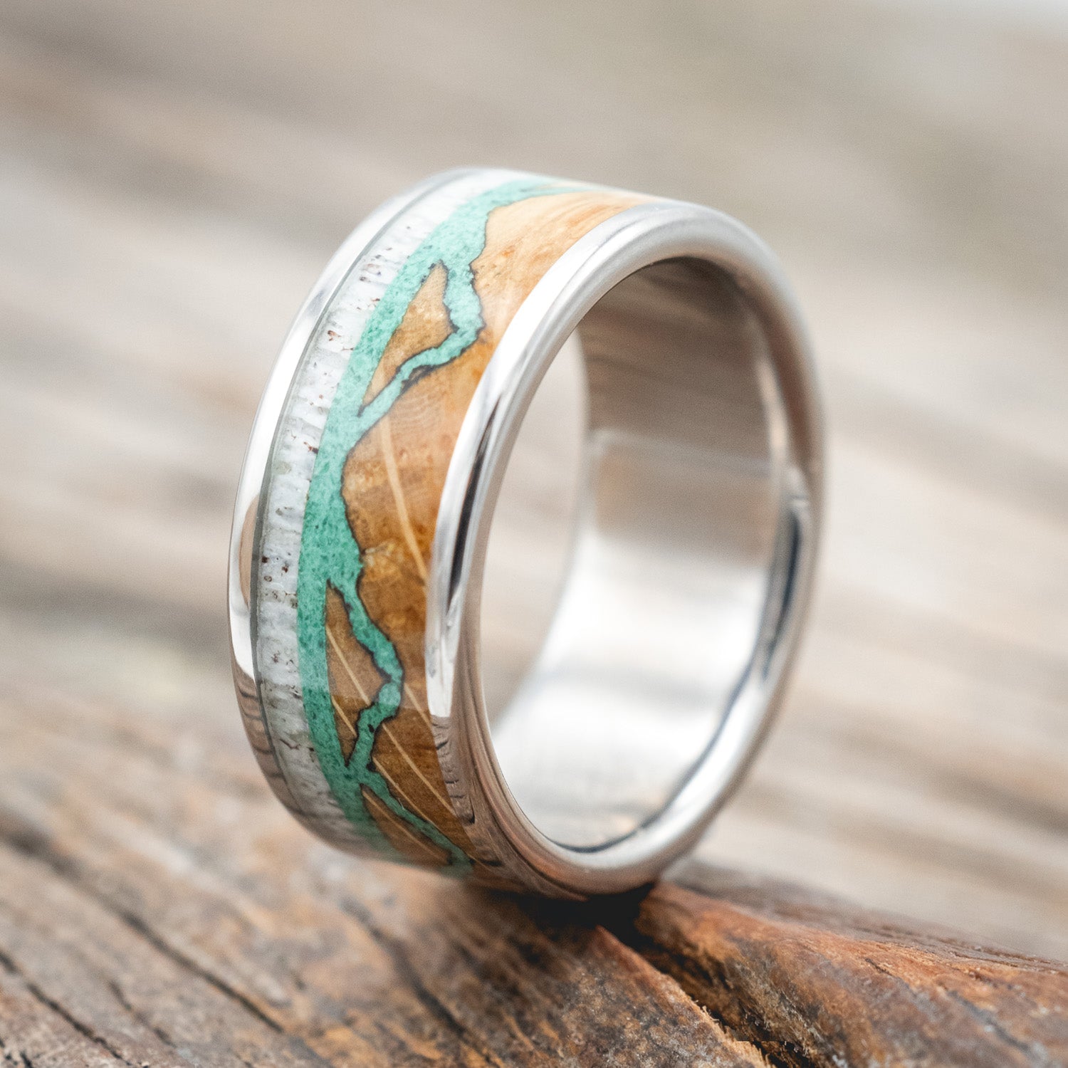 "THE EXPEDITION" - MOUNTAIN ENGRAVED WEDDING RING WITH WHISKEY BARREL OAK, MALACHITE & ANTLER-Staghead Designs