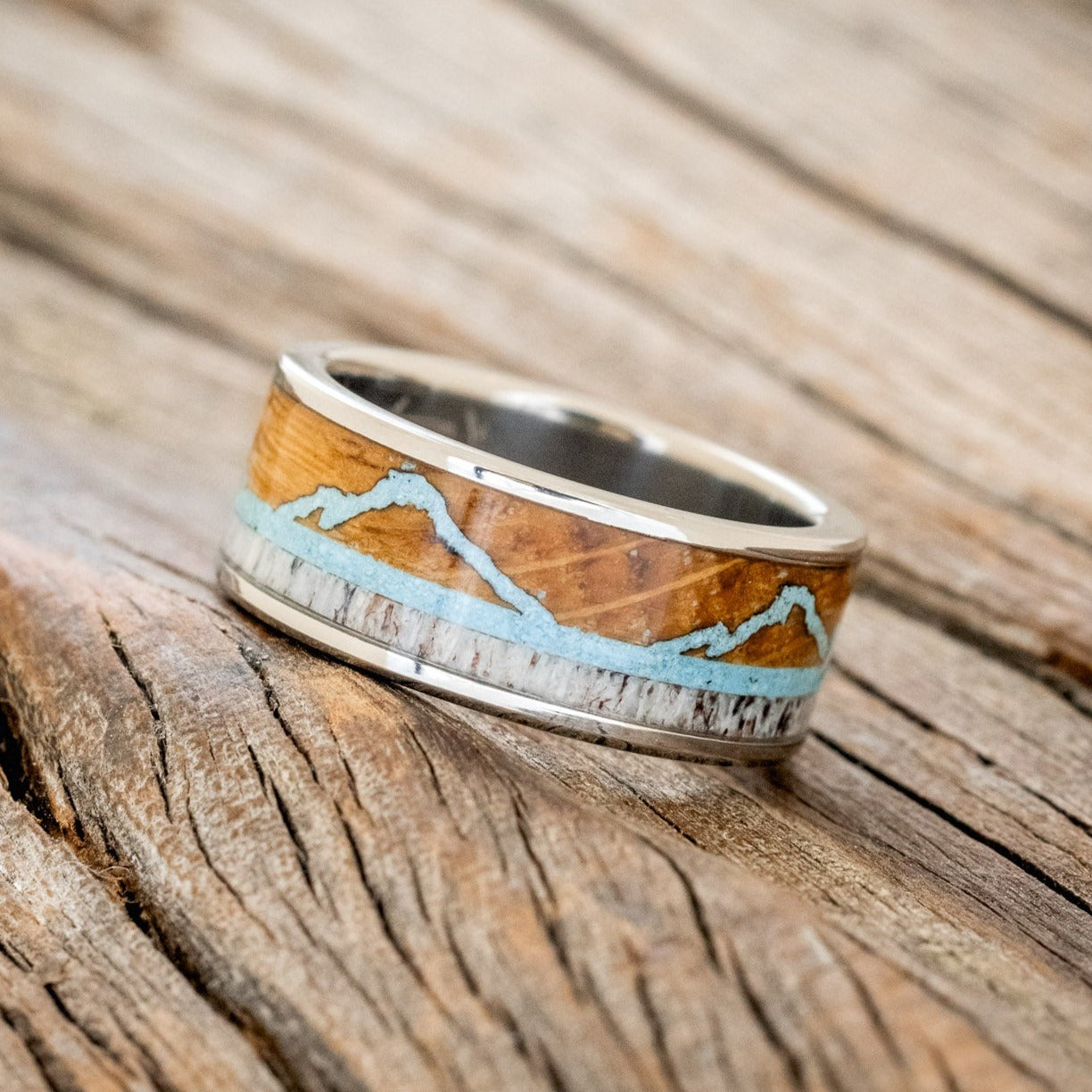 "THE EXPEDITION" - MOUNTAIN ENGRAVED WEDDING RING WITH WHISKEY BARREL OAK, TURQUOISE & ANTLER-1