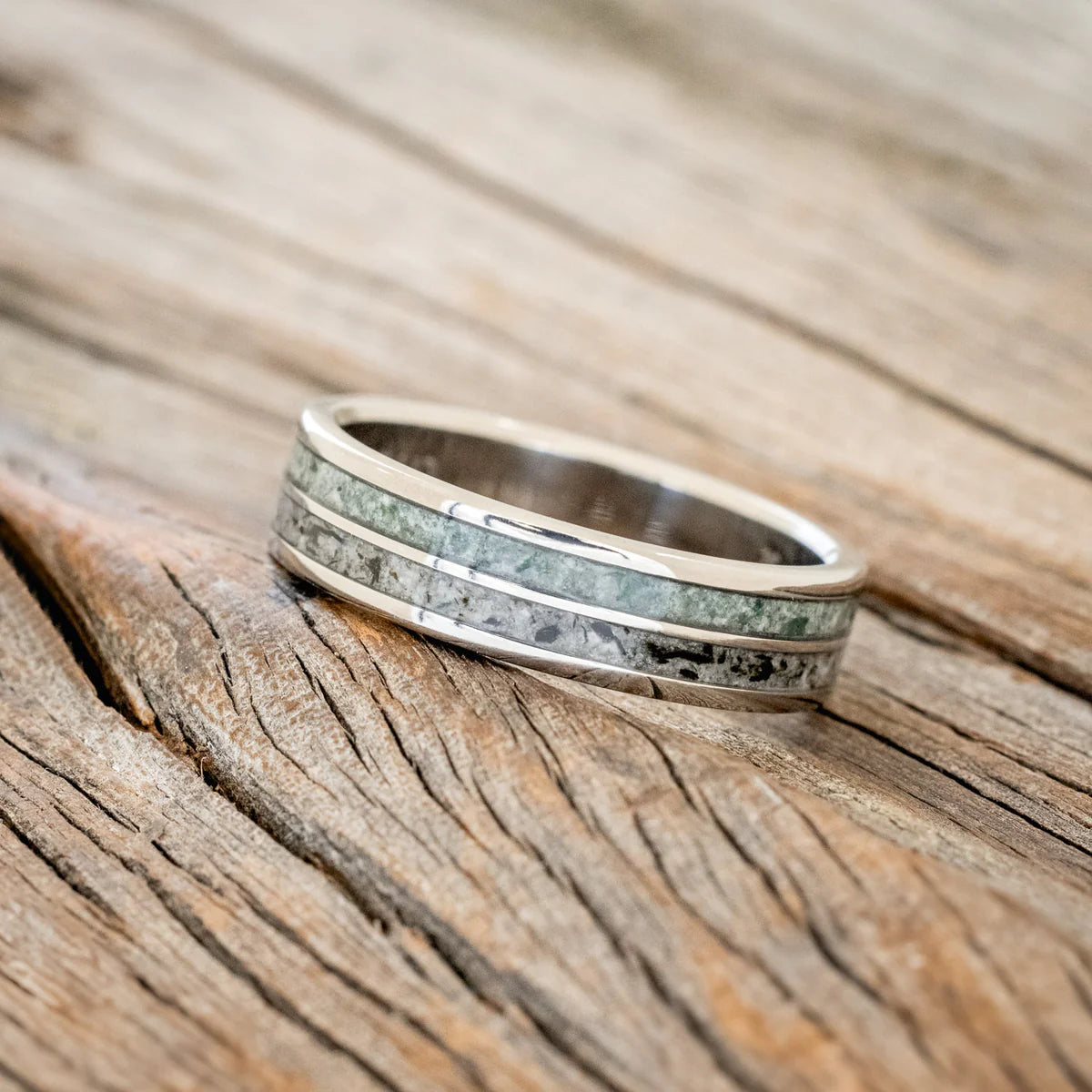 "DYAD" - MOSS AGATE & MOONSTONE WEDDING BAND - TITANIUM (6MM)- SIZE 10-Staghead Designs