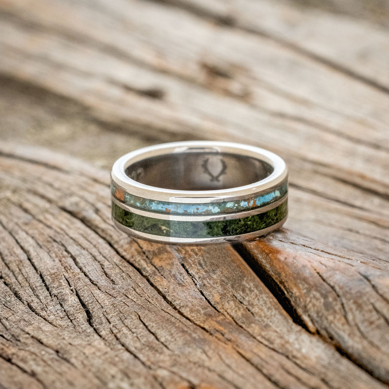 "RAPTOR" - MOLDAVITE & MOSS MIX WITH PATINA COPPER WEDDING BAND-3