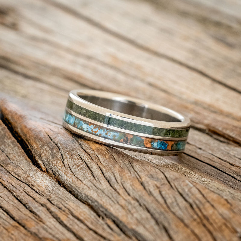 "RAPTOR" - PATINA COPPER WITH MOLDAVITE & MOSS MIX WEDDING BAND-2