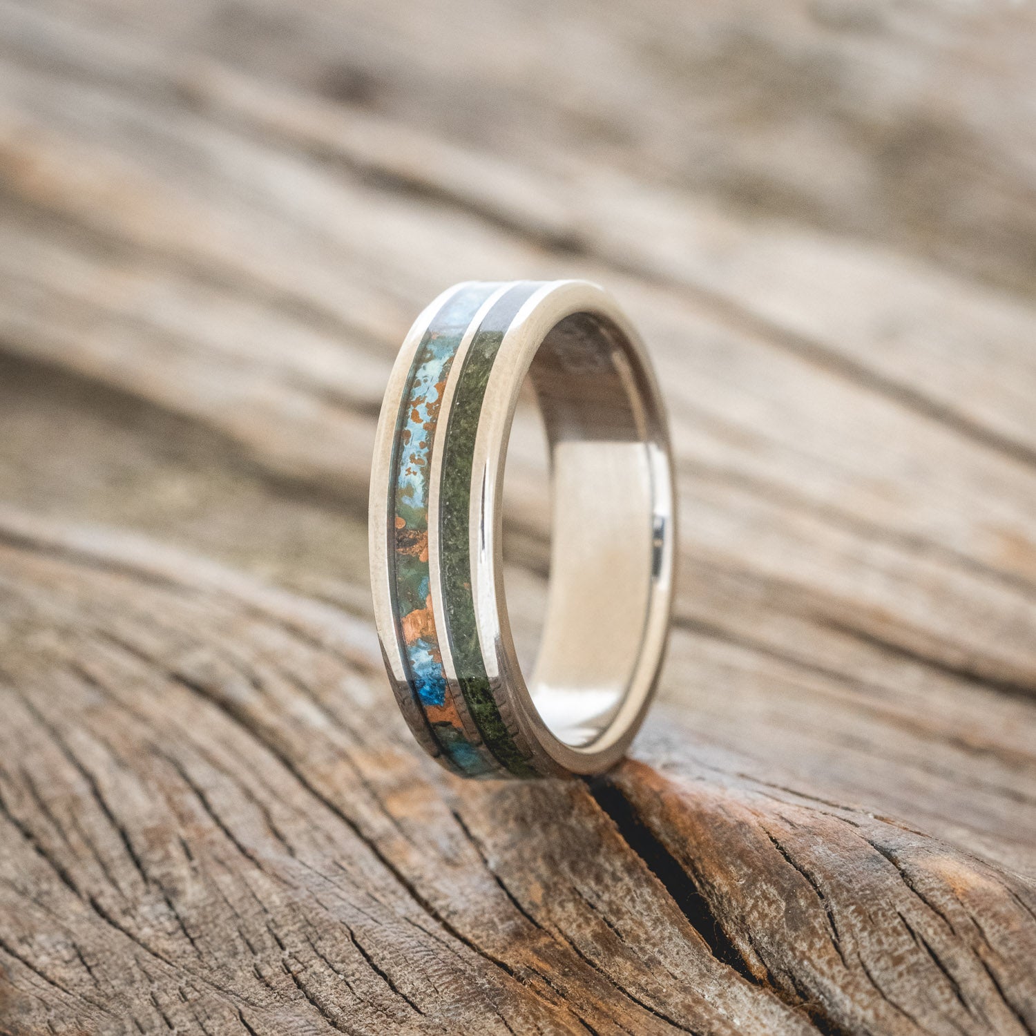 "RAPTOR" - PATINA COPPER WITH MOLDAVITE & MOSS MIX WEDDING MATCHING SET-2