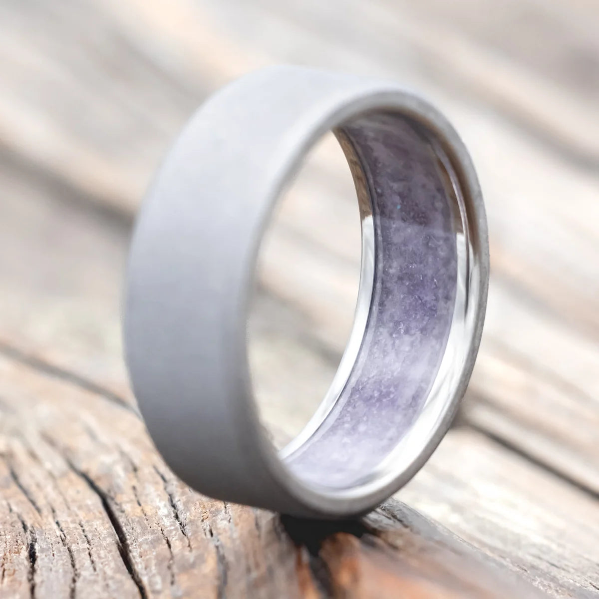 "Hyperion" - Crushed Amethyst Lined Wedding Band With A Sandblasted Finish - Titanium (8mm) - Size 7 1/2