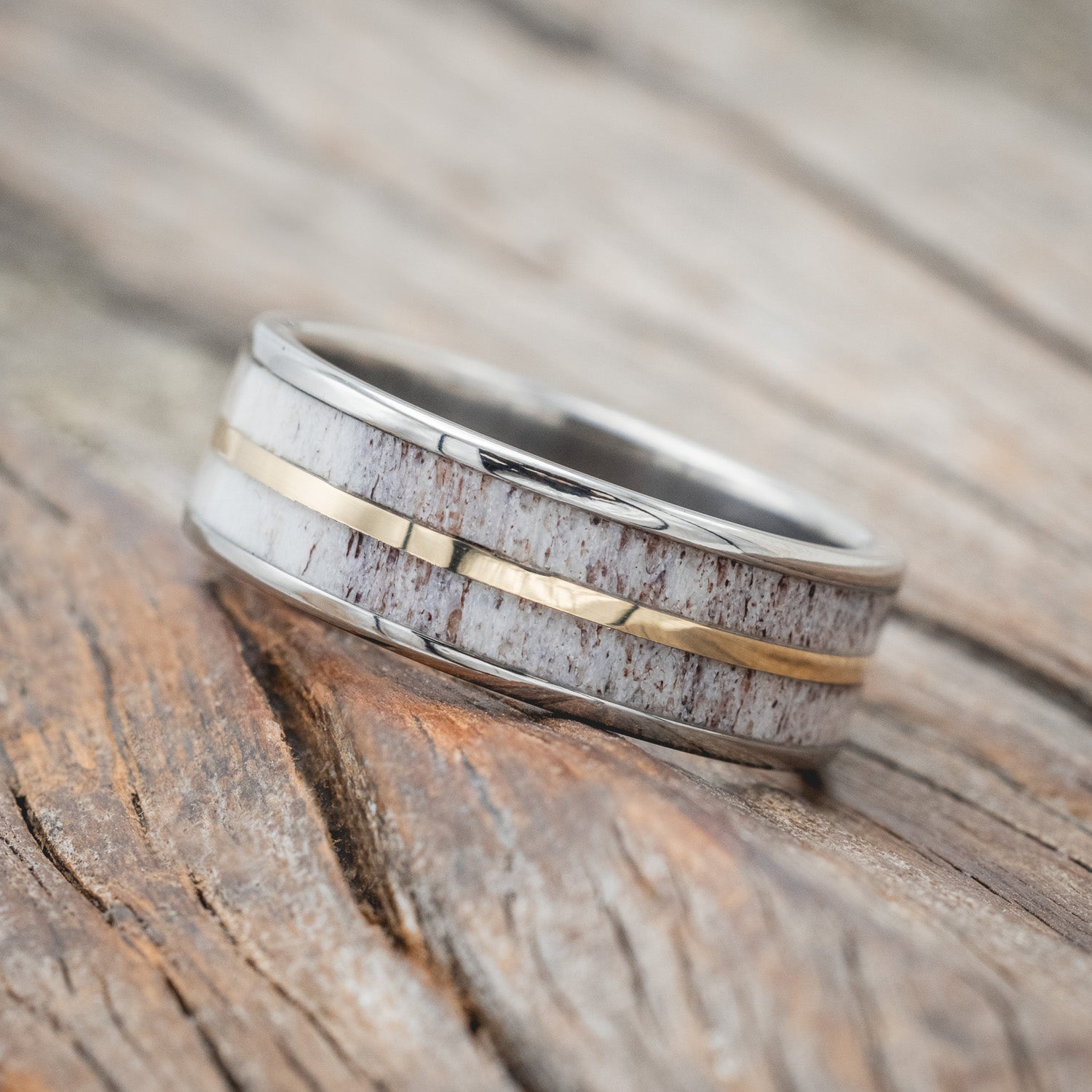 ANTLER & 14K GOLD INLAY WEDDING BAND-Staghead Designs