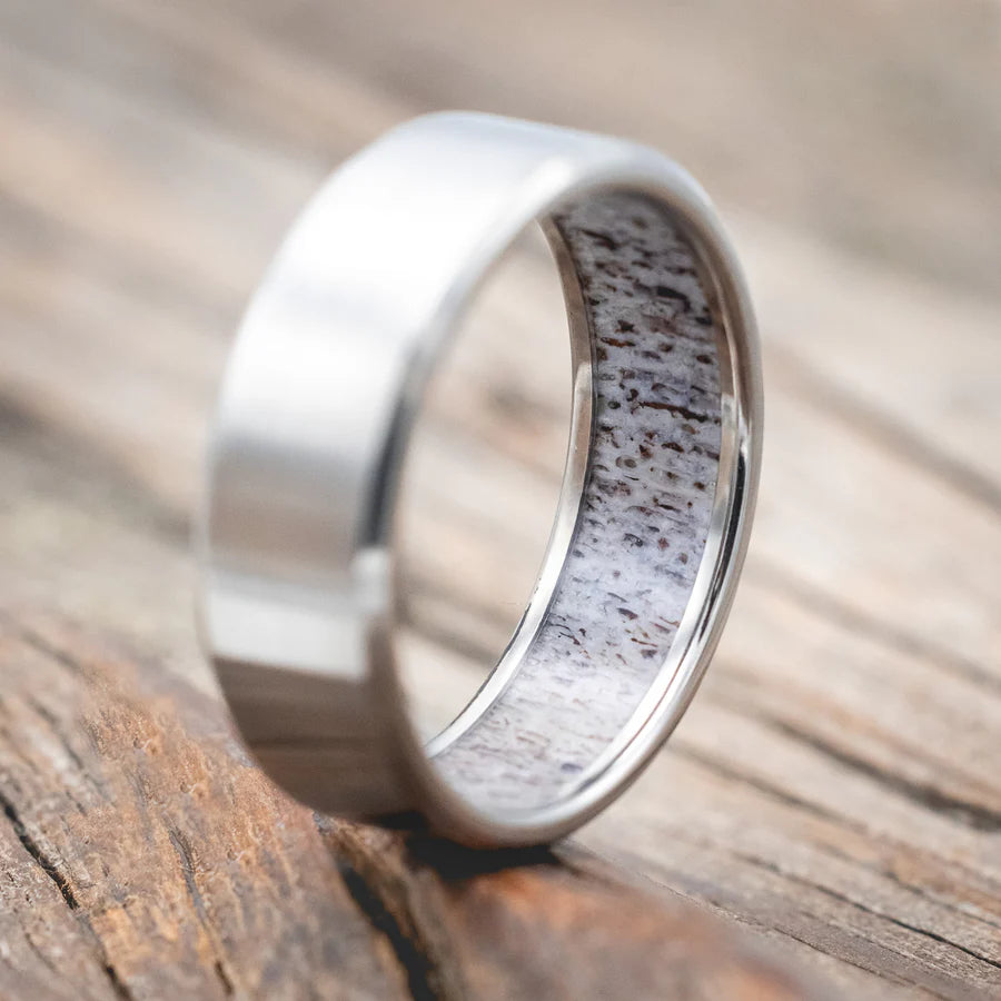 ANTLER LINED WEDDING BAND WITH BRUSHED FINISH - TITANIUM (6MM) - SIZE 8-Staghead Designs