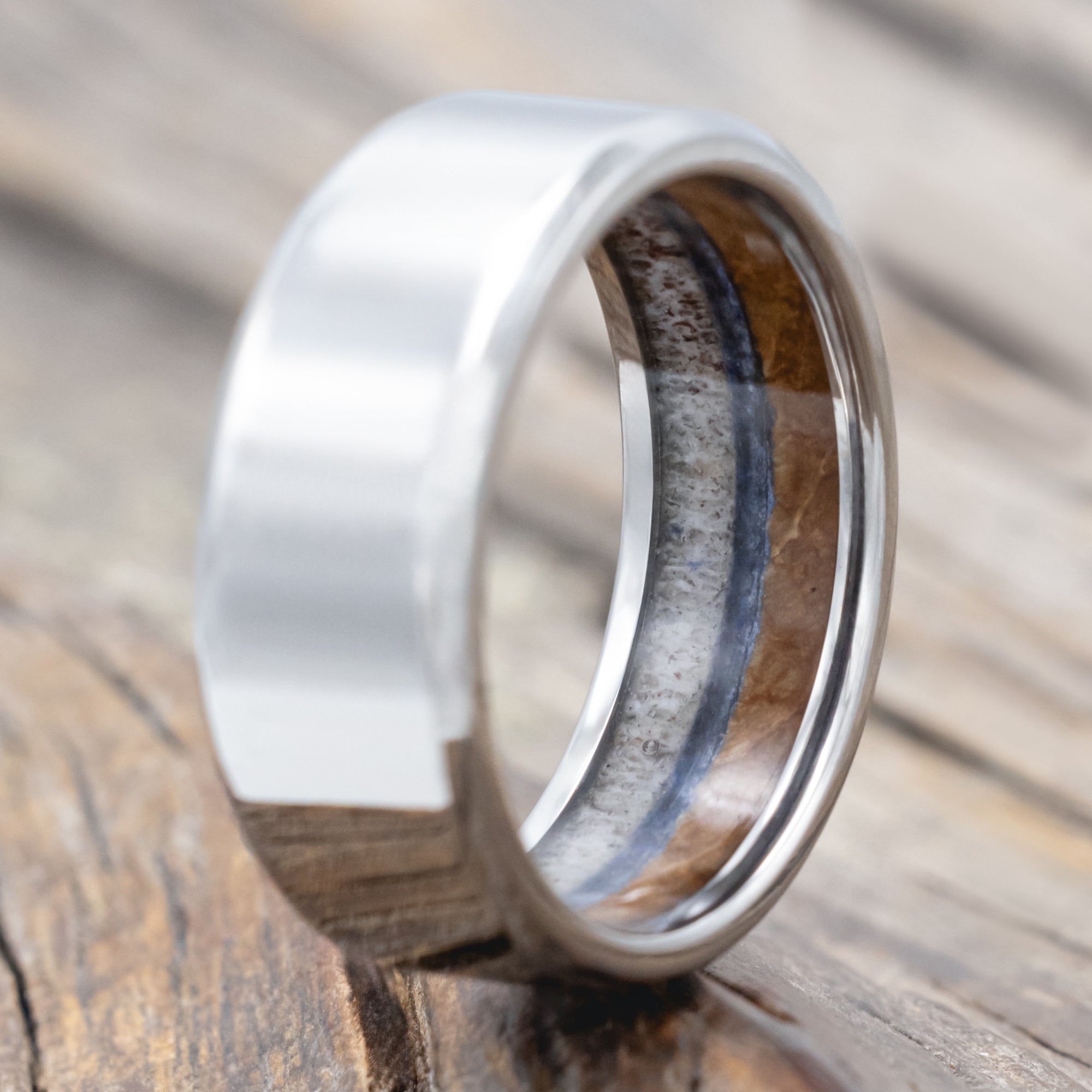 "Argos" - Antler, Whiskey Barrel Oak & Lapis Lazuli Wedding Ring-Staghead Designs