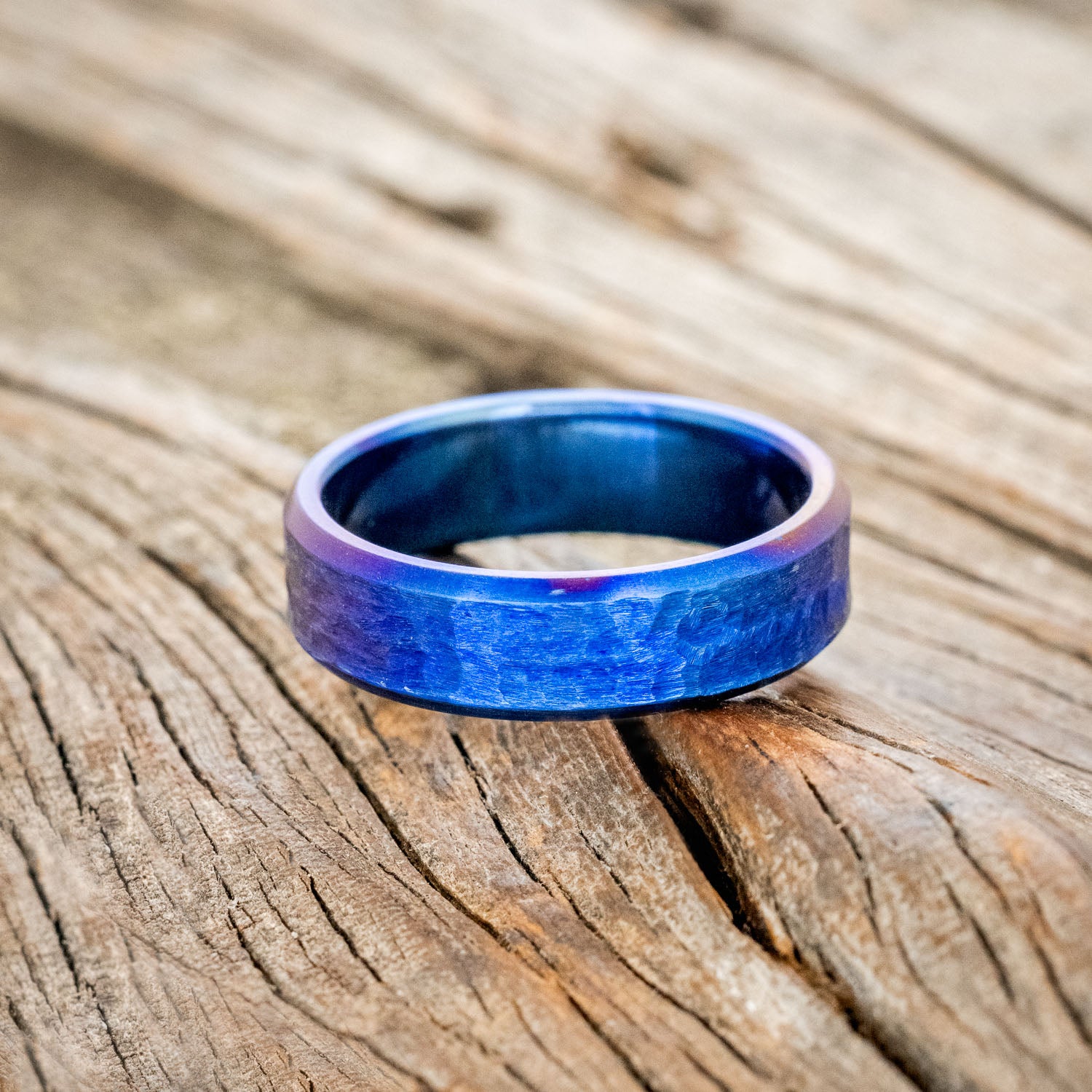 MATCHING FIRE-TREATED TITANIUM WEDDING BANDS WITH HAMMERED FINISH-4