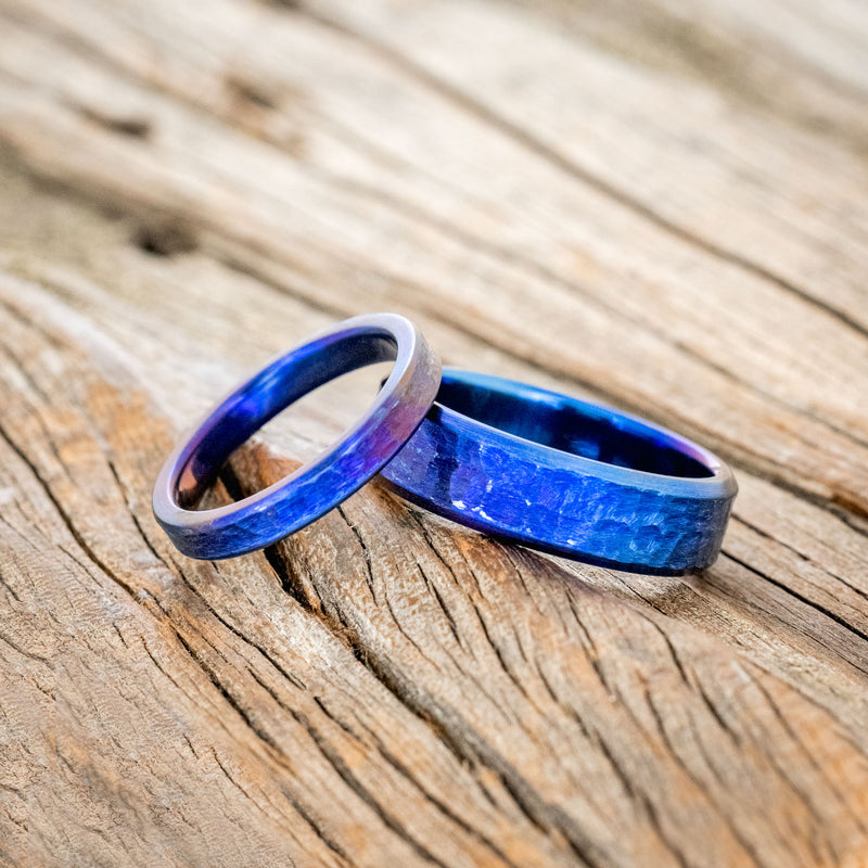 MATCHING FIRE-TREATED TITANIUM WEDDING BANDS WITH HAMMERED FINISH