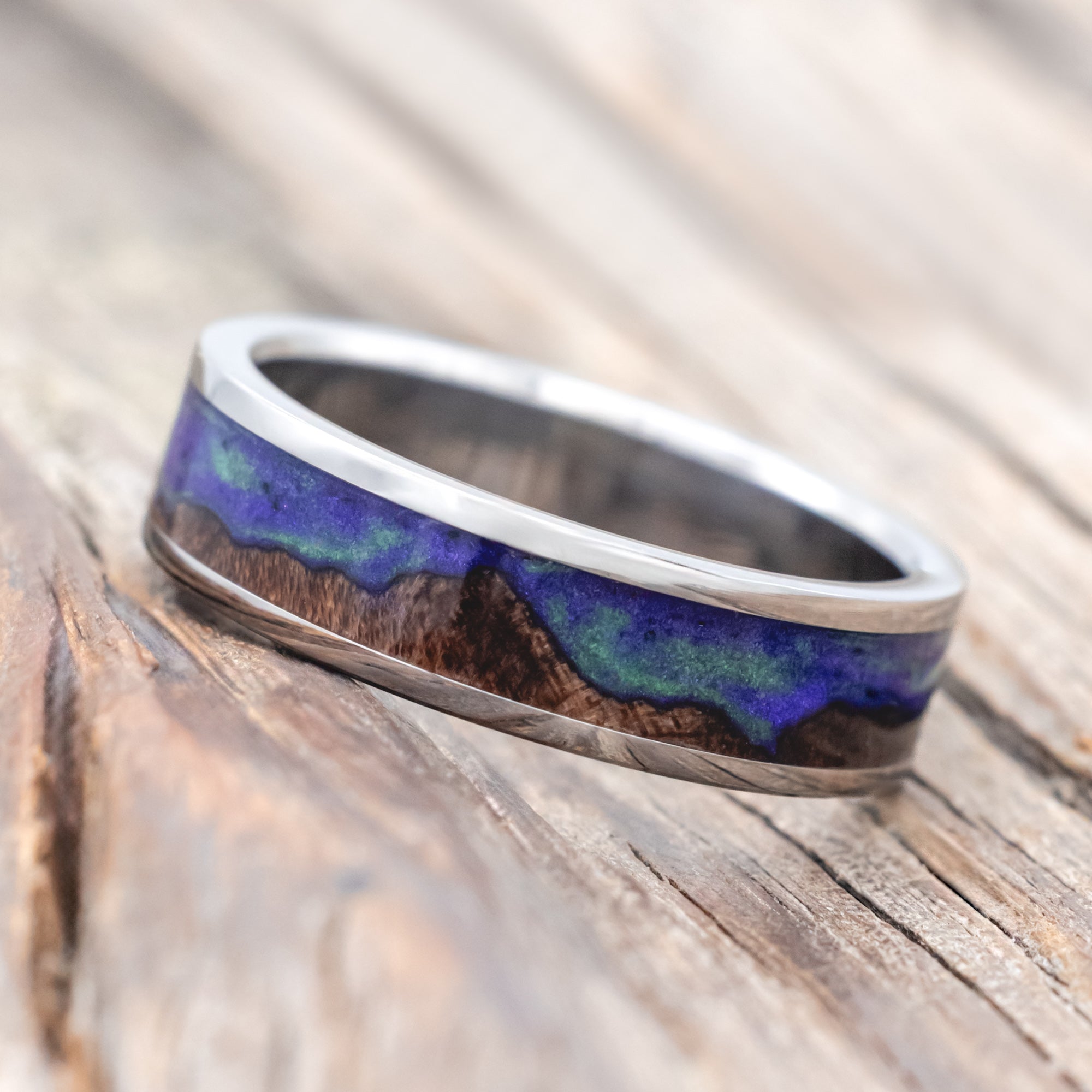 "BOREALIS" - MOUNTAIN ENGRAVED WEDDING RING WITH DARK MAPLE WOOD & GLOW IN THE DARK NORTHERN LIGHTS-Staghead Designs