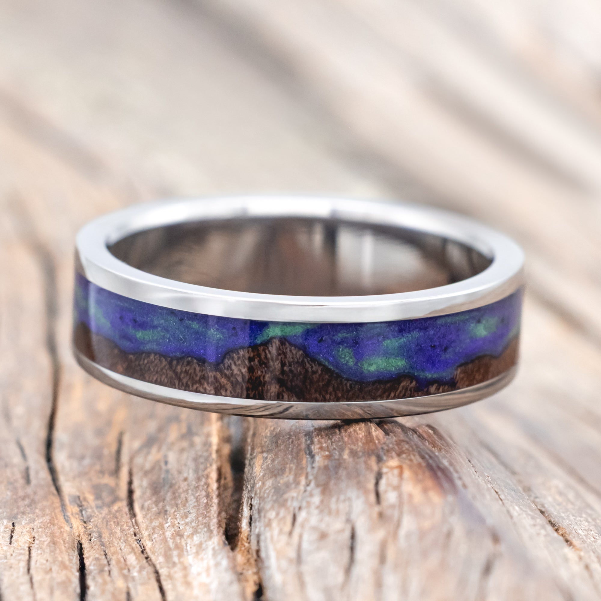 "BOREALIS" - MOUNTAIN ENGRAVED WEDDING RING WITH DARK MAPLE WOOD & GLOW IN THE DARK NORTHERN LIGHTS-Staghead Designs