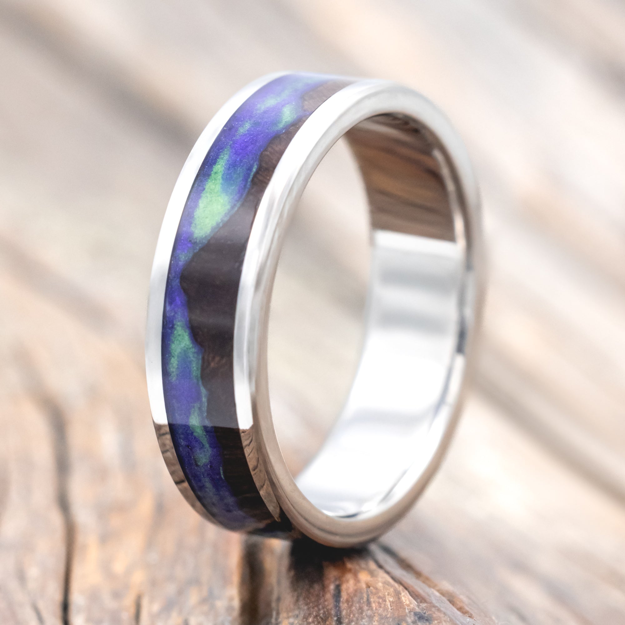 "BOREALIS" - MOUNTAIN ENGRAVED WEDDING RING WITH DARK MAPLE WOOD & GLOW IN THE DARK NORTHERN LIGHTS-Staghead Designs