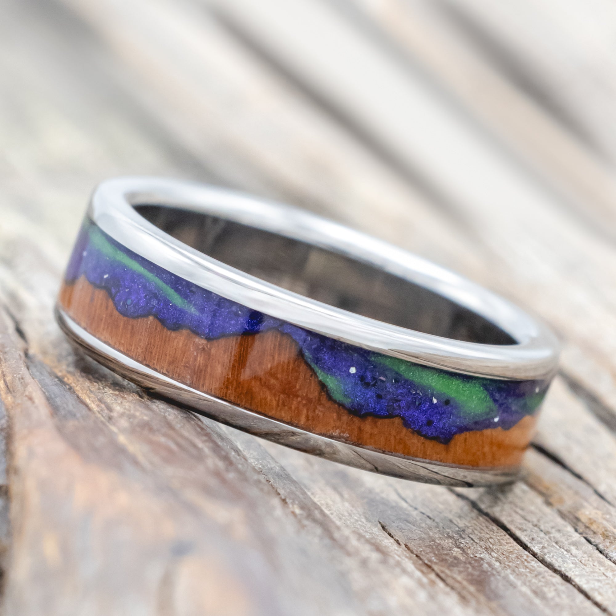 "BOREALIS" - MOUNTAIN ENGRAVED WEDDING RING WITH REDWOOD & GLOW IN THE DARK NORTHERN LIGHTS-Staghead Designs