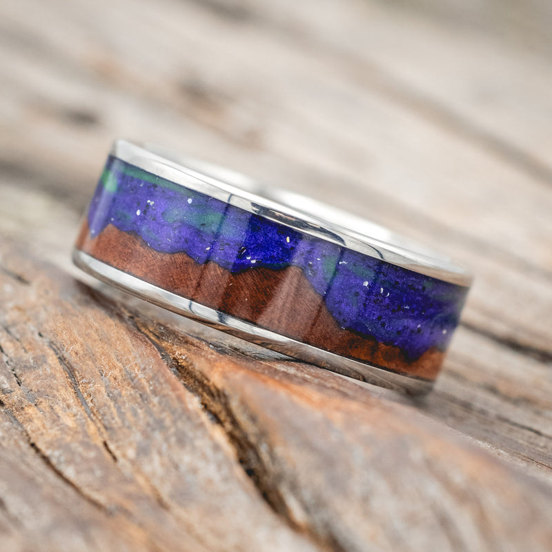 "BOREALIS" - MOUNTAIN ENGRAVED WEDDING RING WITH REDWOOD & GLOW IN THE DARK NORTHERN LIGHTS