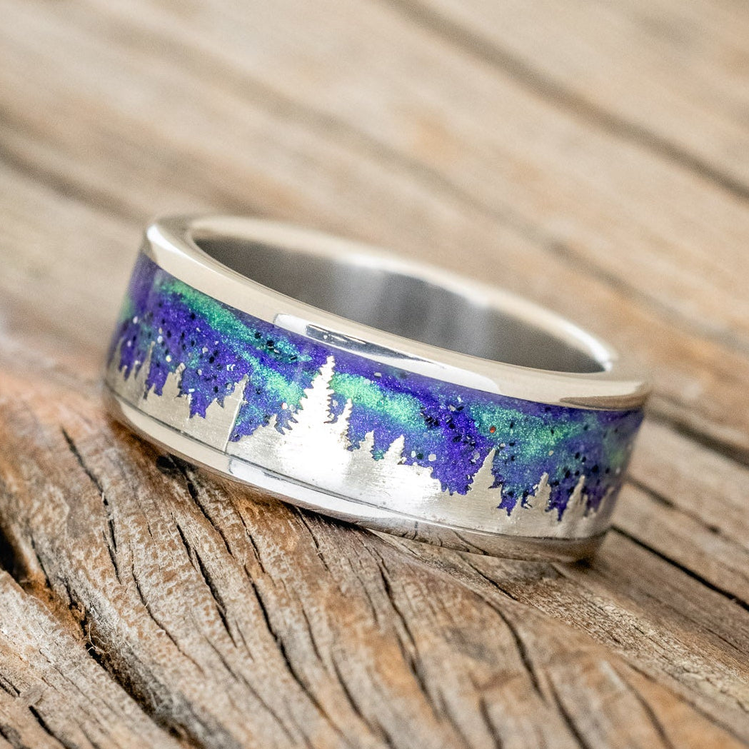 "BOREALIS" - SILVER TREES ENGRAVED WEDDING RING WITH GLOW IN THE DARK NORTHERN LIGHTS-5