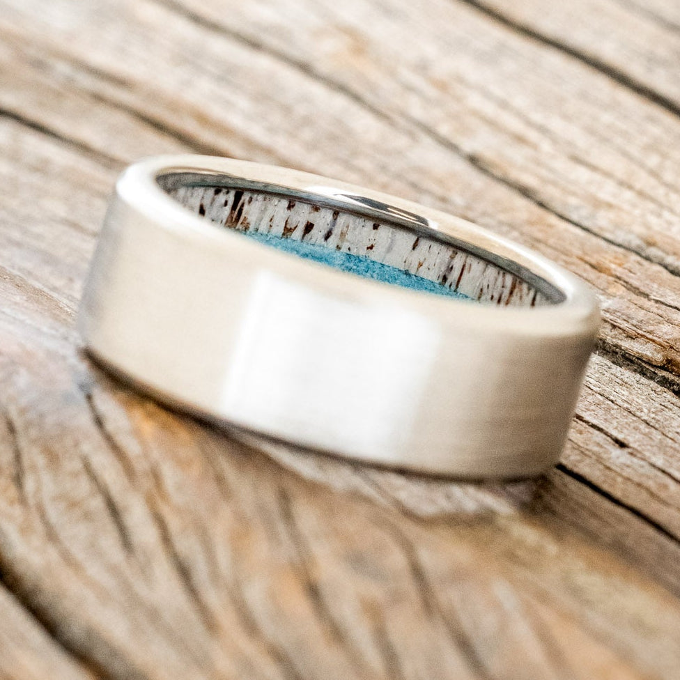 "ARGOS" - ANTLER, IRONWOOD & TURQUOISE LINED WEDDING BAND WITH BRUSHED FINISH-2