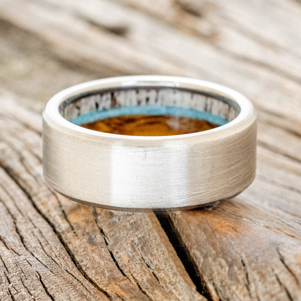 "ARGOS" - ANTLER, IRONWOOD & TURQUOISE LINED WEDDING BAND WITH BRUSHED FINISH-3