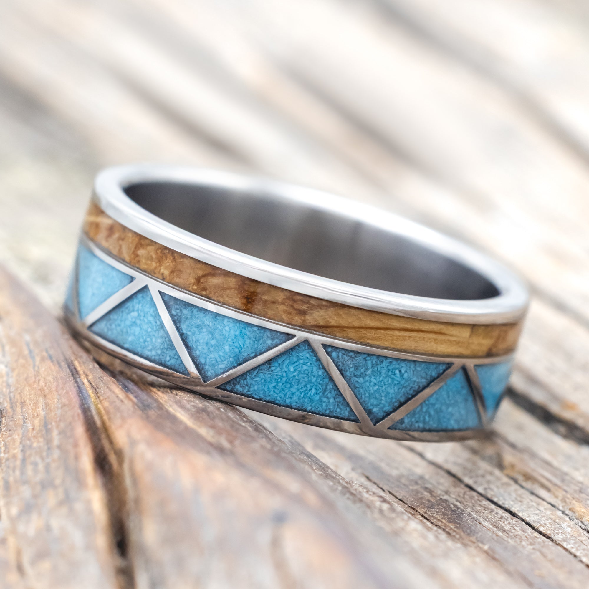 "CADENCE" - WHISKEY BARREL & TURQUOISE WEDDING BAND-Staghead Designs