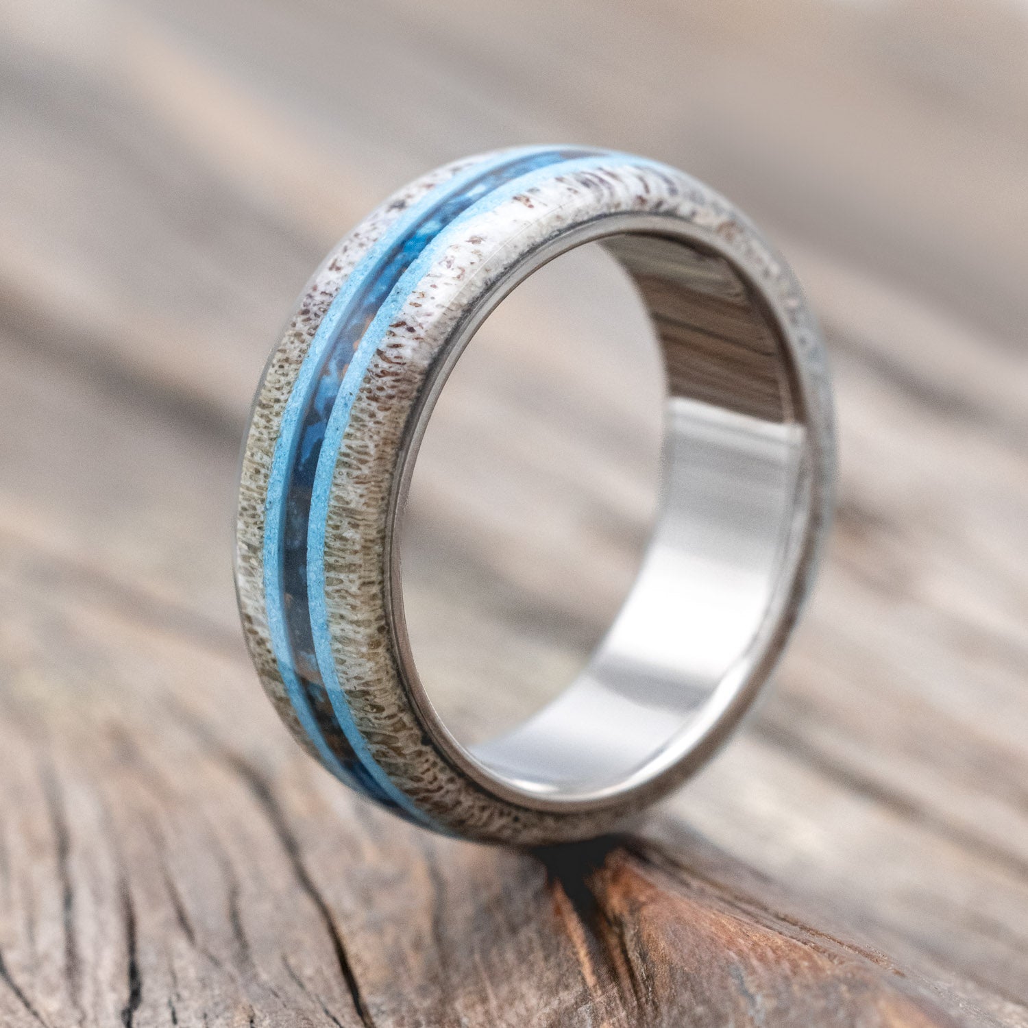 "CANYON" - ANTLER, TURQUOISE & PATINA COPPER WEDDING BAND-Staghead Designs