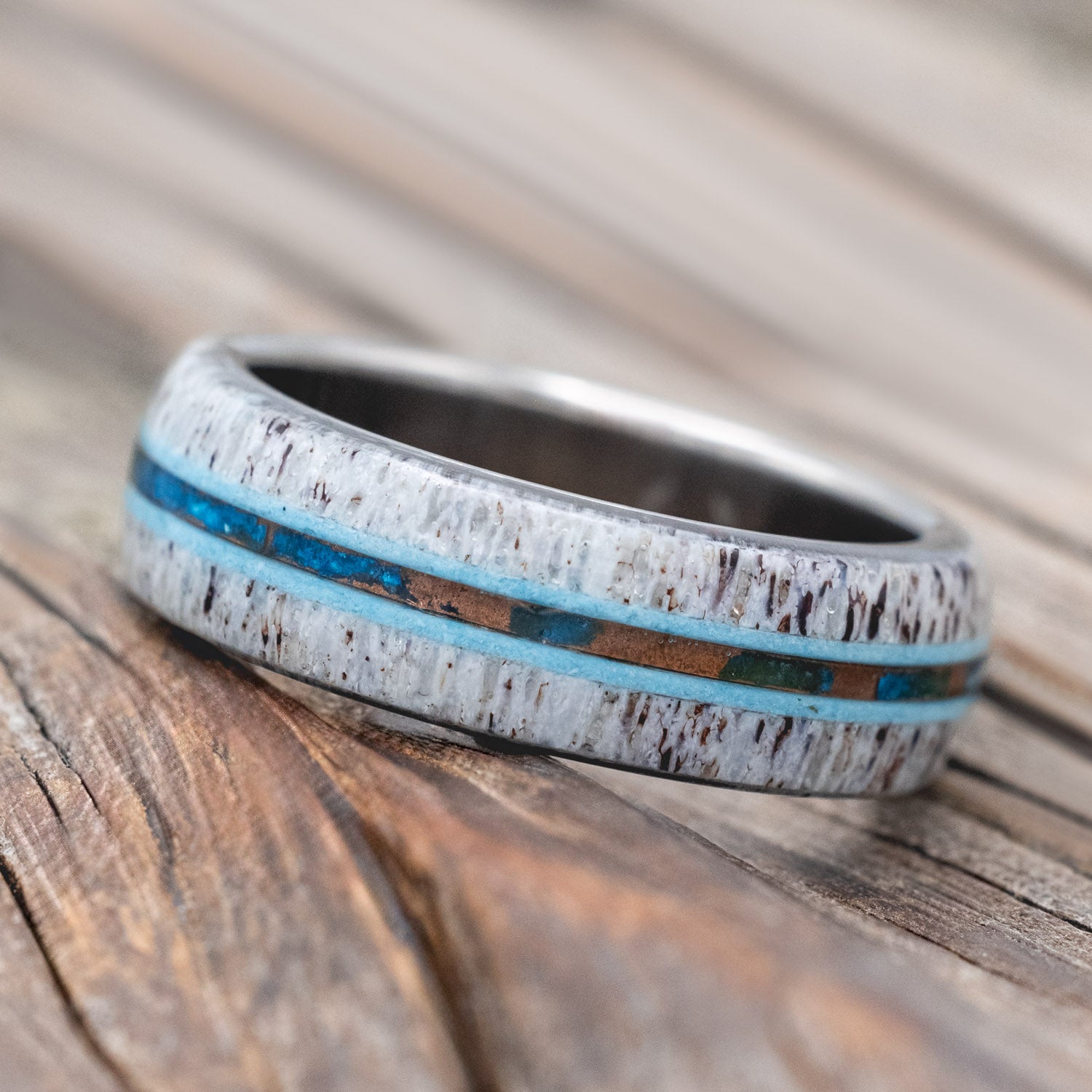 "CANYON" - ANTLER, TURQUOISE & PATINA COPPER WEDDING BAND-Staghead Designs