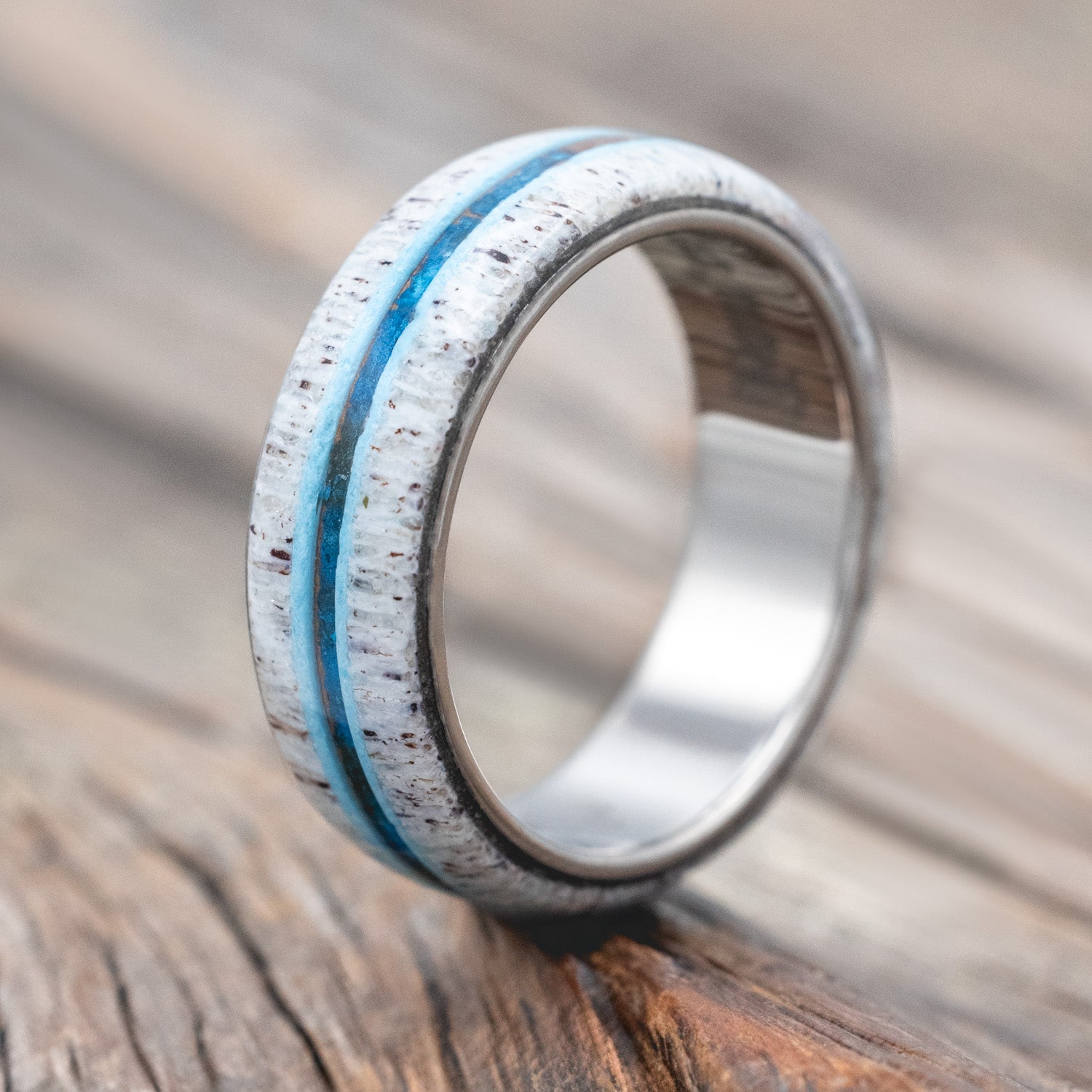 "CANYON" - ANTLER, TURQUOISE & PATINA COPPER WEDDING BAND-Staghead Designs