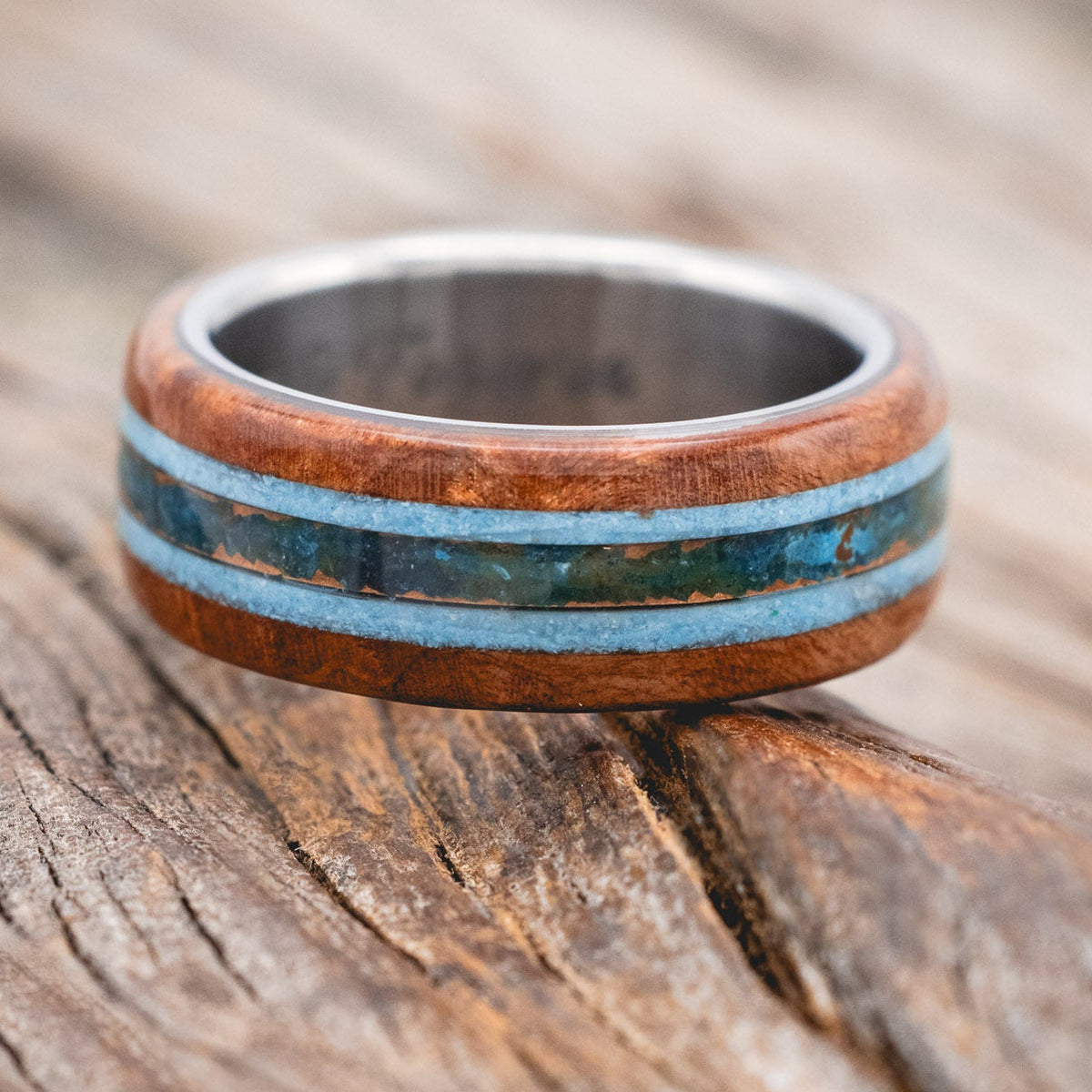 "CANYON" - REDWOOD, TURQUOISE & PATINA COPPER WEDDING BAND-Staghead Designs