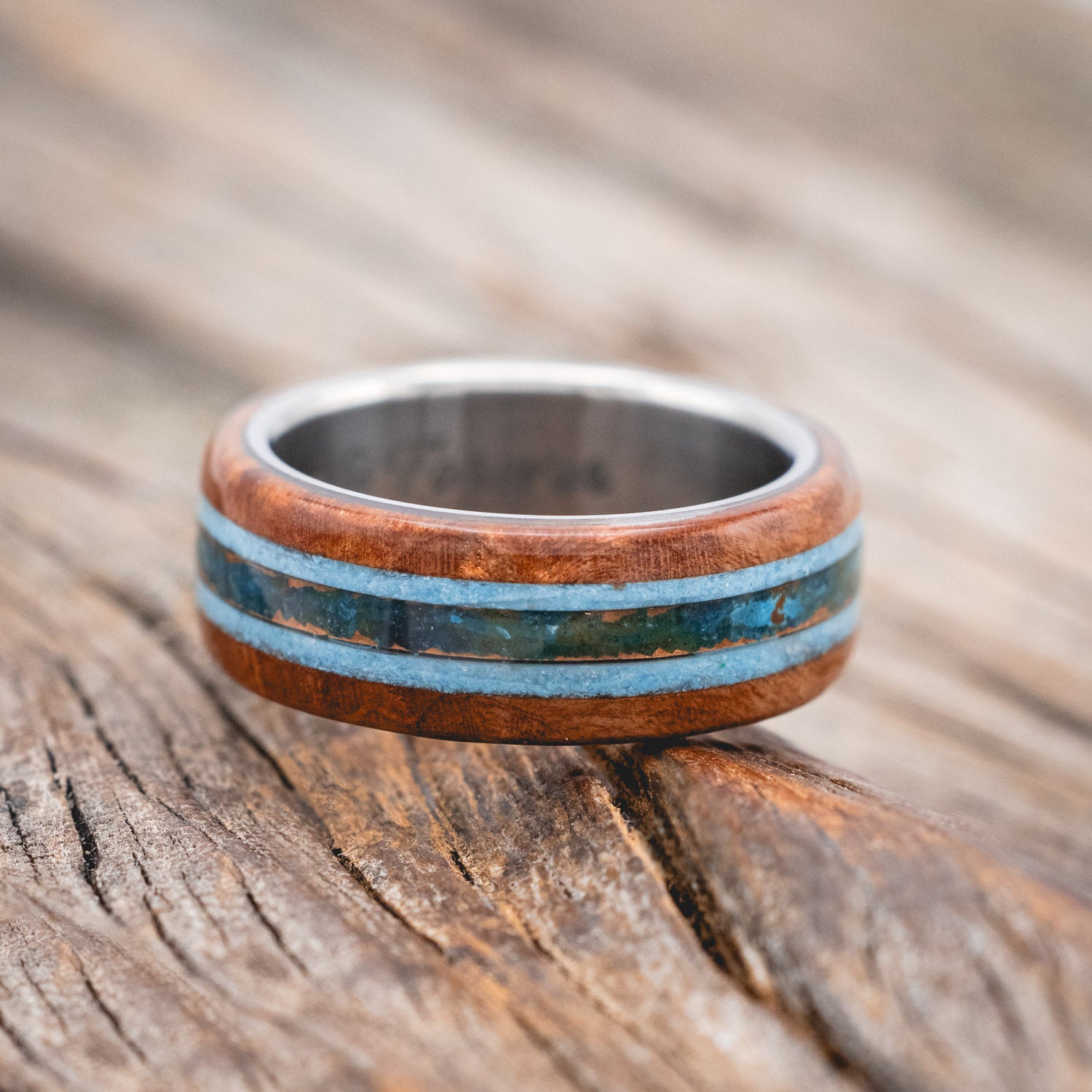 "CANYON" - REDWOOD, TURQUOISE & PATINA COPPER WEDDING BAND-Staghead Designs