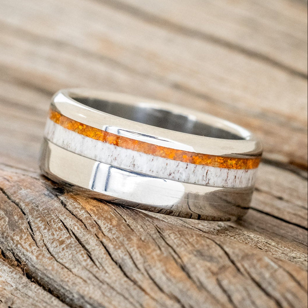 "CASTOR" - ELK ANTLER & ORANGE OPAL WEDDING RING-2
