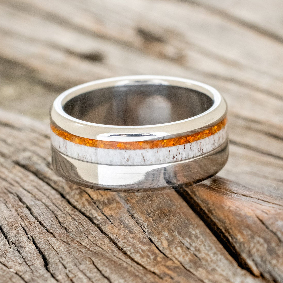 "CASTOR" - ELK ANTLER & ORANGE OPAL WEDDING RING-3