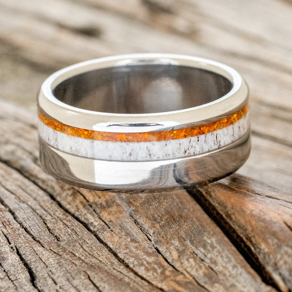"CASTOR" - ELK ANTLER & ORANGE OPAL WEDDING RING-3