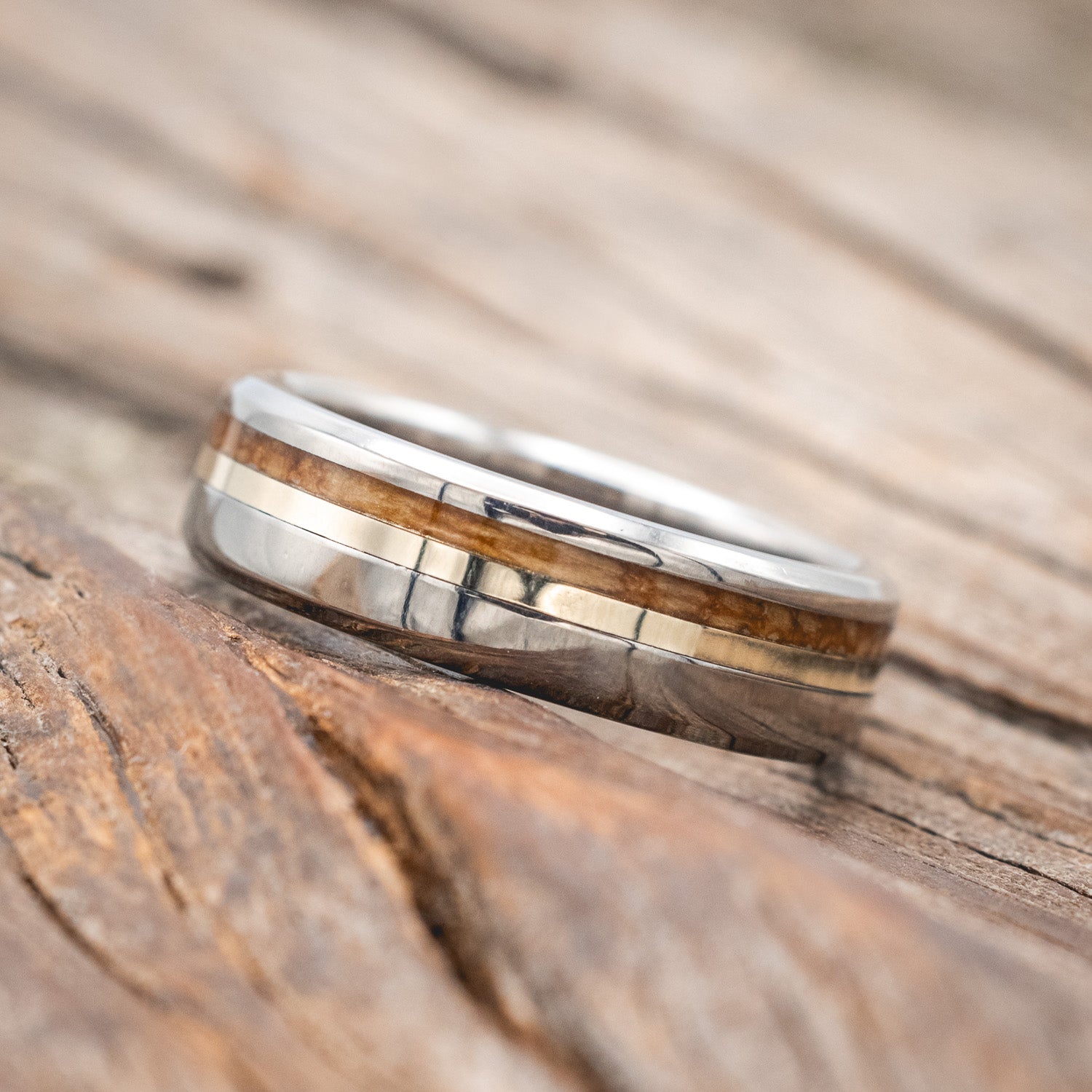 "CASTOR" - WHISKEY BARREL OAK & A 14K GOLD INLAY WEDDING RING-Staghead Designs