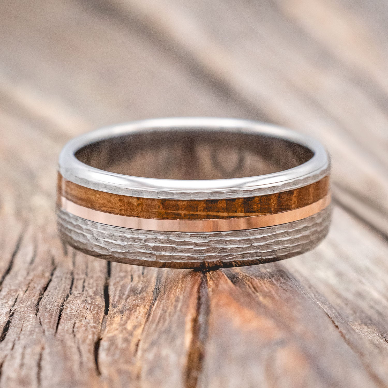 "CASTOR" - WHISKEY BARREL & 14K GOLD INLAY WEDDING RING IN A HAMMERED FINISH-Staghead Designs