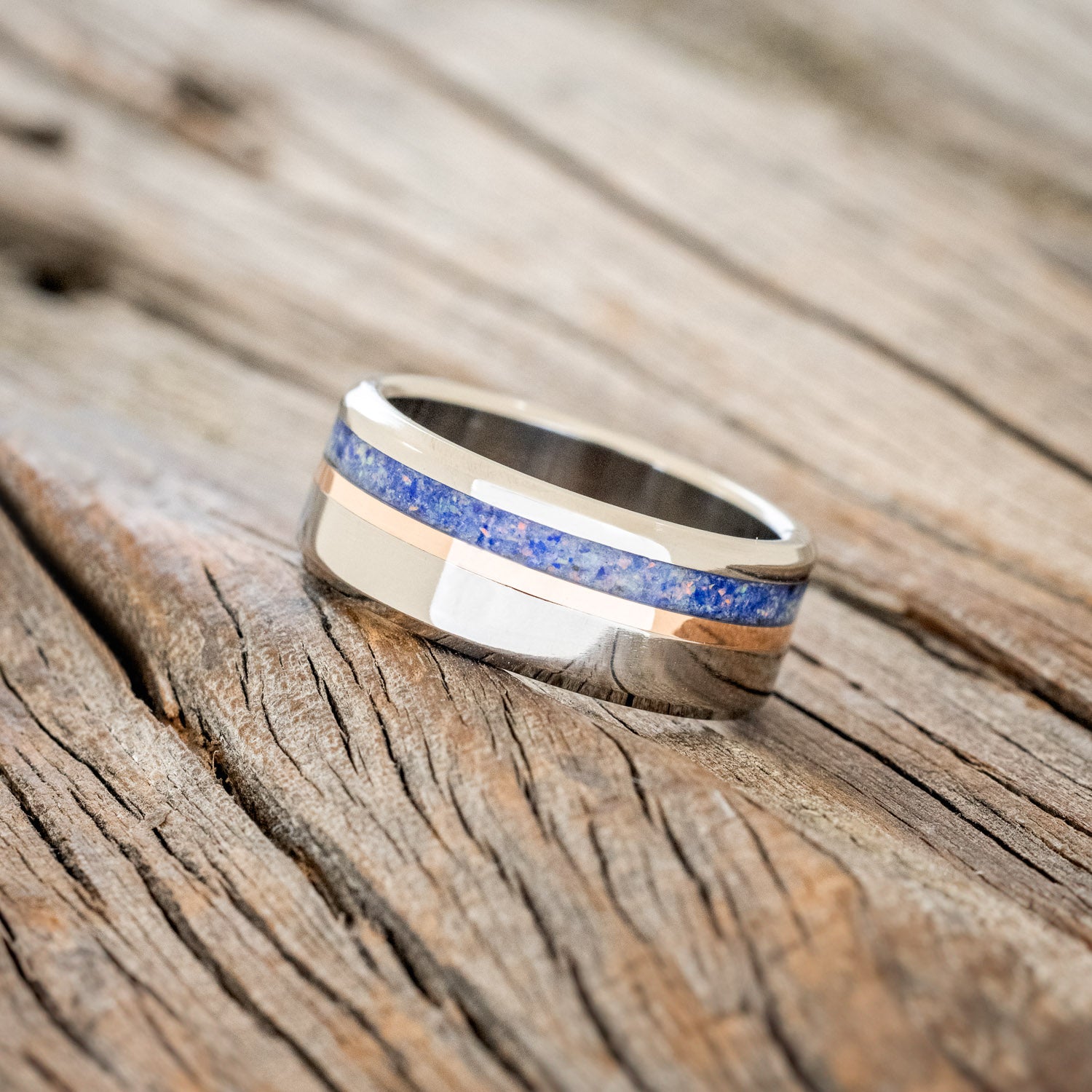 "CASTOR" - LAPIS LAZULI & FIRE & ICE OPAL MIXTURE WITH A 14K GOLD INLAY WEDDING RING-2