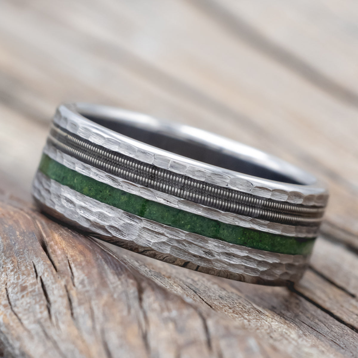 "Cosmo" - Moss & Guitar String Wedding Ring Featuring A Hammered Finish