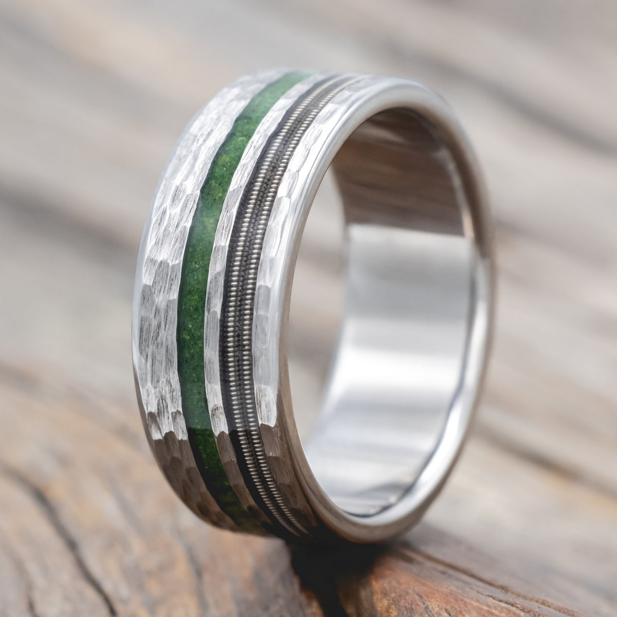 "Cosmo" - Moss & Guitar String Wedding Ring Featuring A Hammered Finish