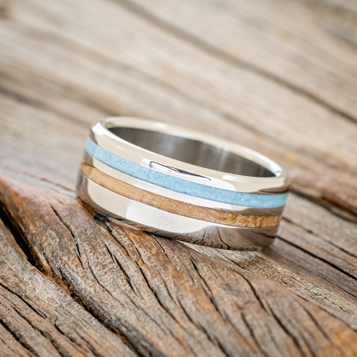 "COSMO" - WHISKEY BARREL OAK & TURQUOISE WEDDING BAND-2